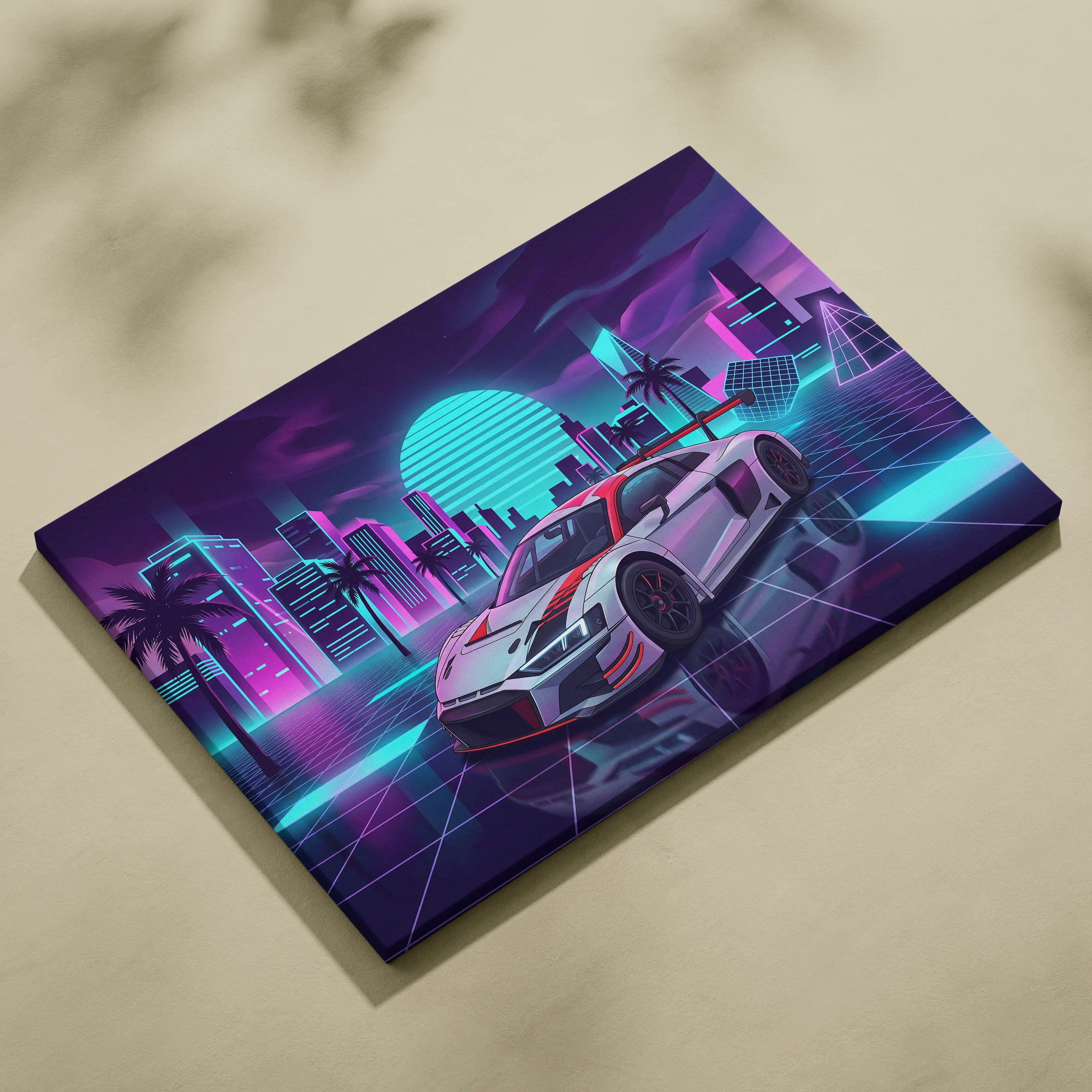Audi R8 LMS Inspired Vaporwave Canvas - Neon Cityscape Pink Cyan Purple Living Room Vaporwave Nostalgic Dreamscape Canvas