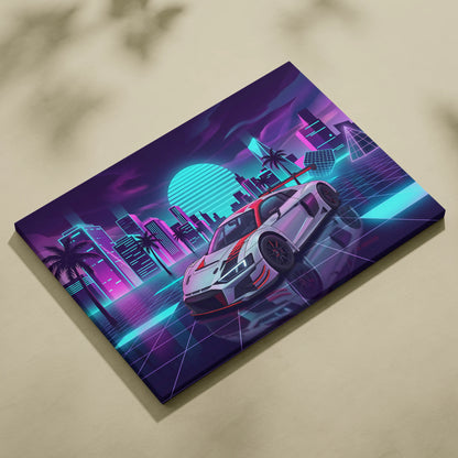 Audi R8 LMS Inspired Vaporwave Canvas - Neon Cityscape Pink Cyan Purple Living Room Vaporwave Nostalgic Dreamscape Canvas