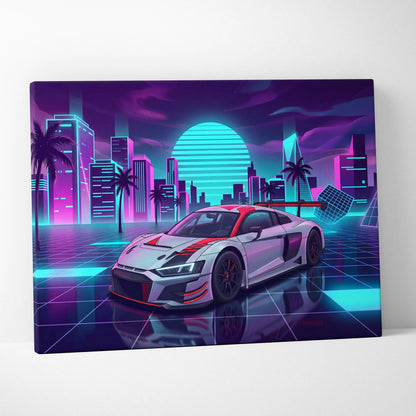 Audi R8 LMS Inspired Vaporwave Canvas - Neon Cityscape Pink Cyan Purple Living Room Vaporwave Nostalgic Dreamscape Canvas
