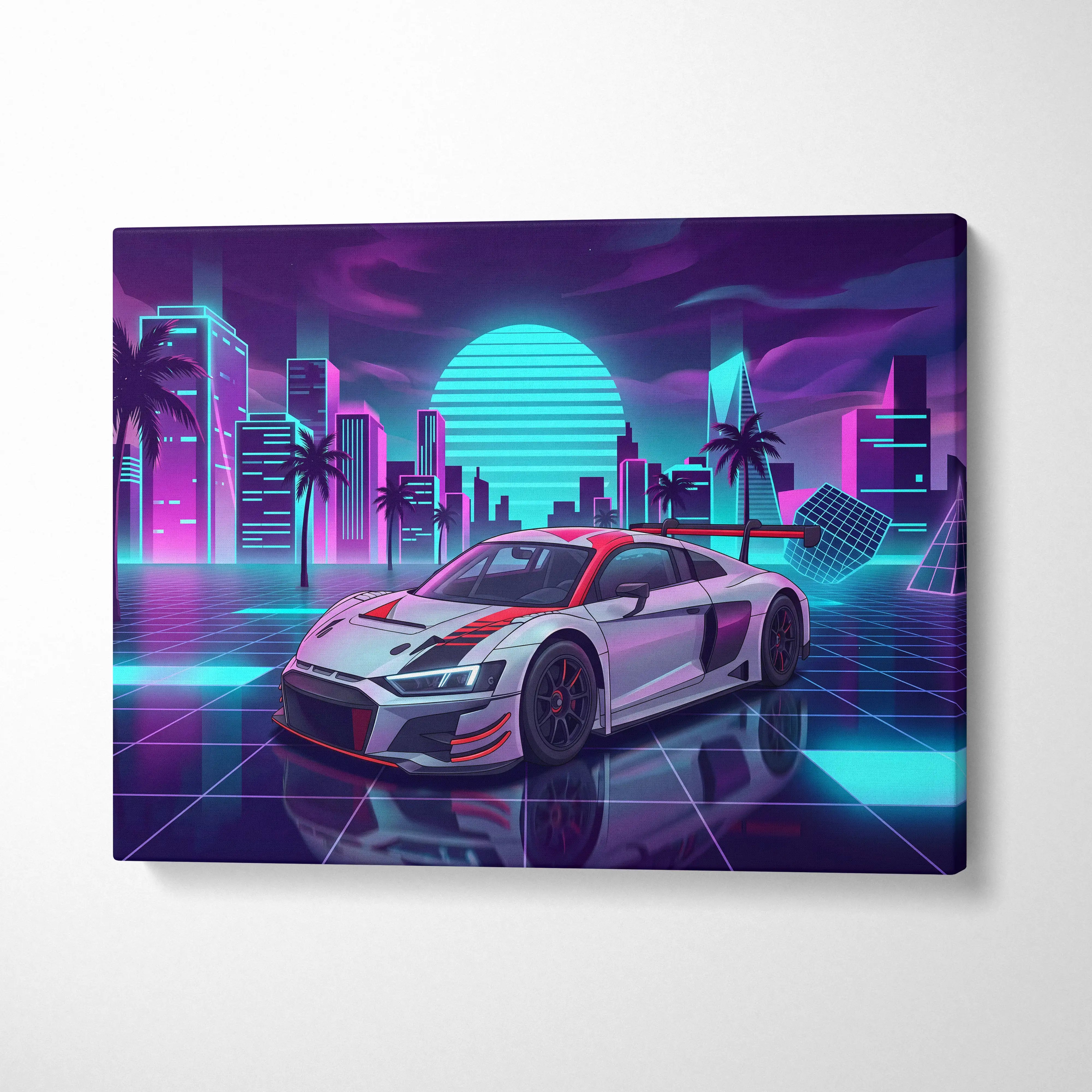Neon-lit silver and red audi r8 sports car canvas print with glowing cityscape for vaporwave style decor
