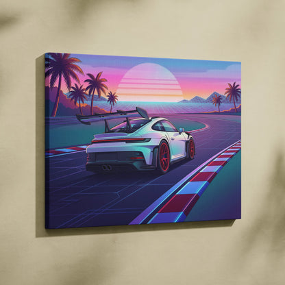 Porsche 911 GT3 RS Inspired White Pink Canvas Wall Art Vaporwave Sunset Race Track Car Artwork, Tropical Neon Garage Decor