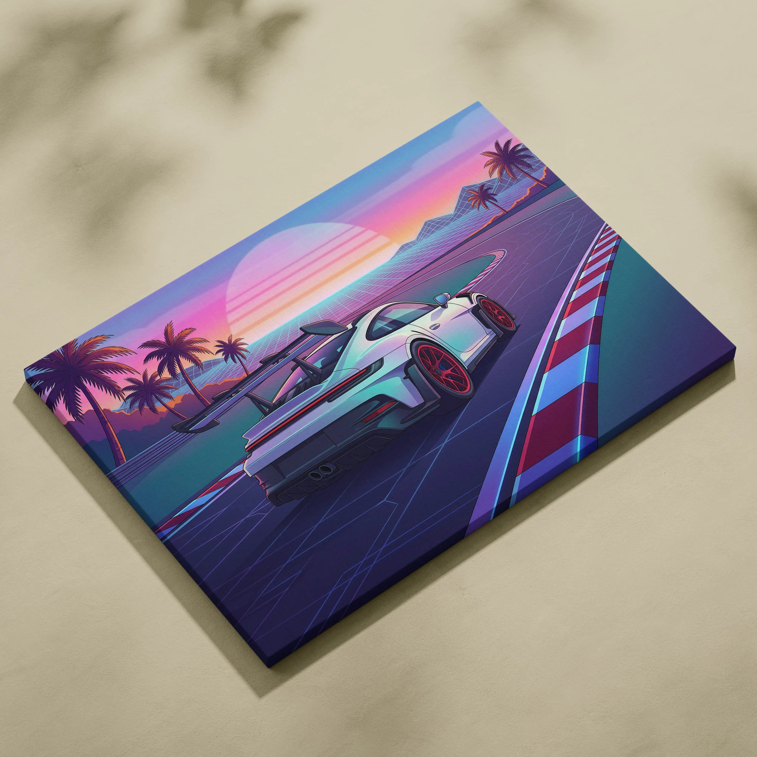 Porsche 911 GT3 RS Inspired White Pink Canvas Wall Art Vaporwave Sunset Race Track Car Artwork, Tropical Neon Garage Decor