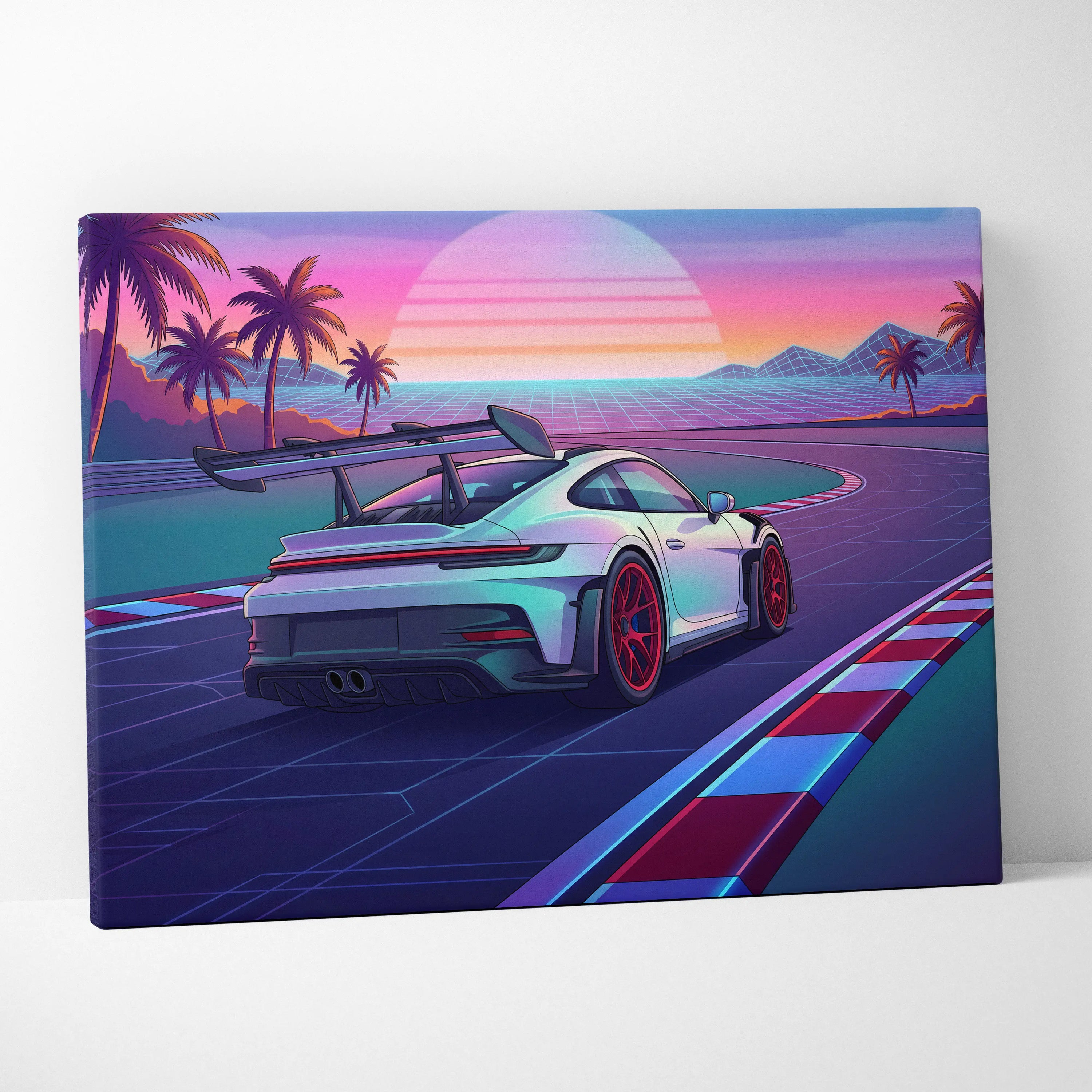 Porsche 911 GT3 RS Inspired White Pink Canvas Wall Art Vaporwave Sunset Race Track Car Artwork, Tropical Neon Garage Decor