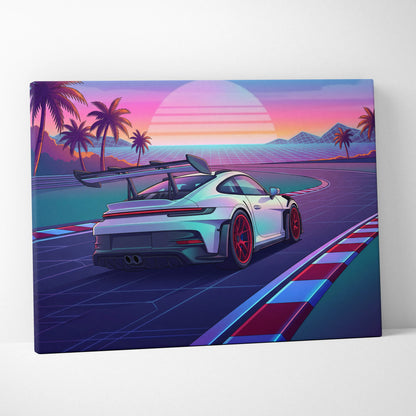 Porsche 911 GT3 RS Inspired White Pink Canvas Wall Art Vaporwave Sunset Race Track Car Artwork, Tropical Neon Garage Decor