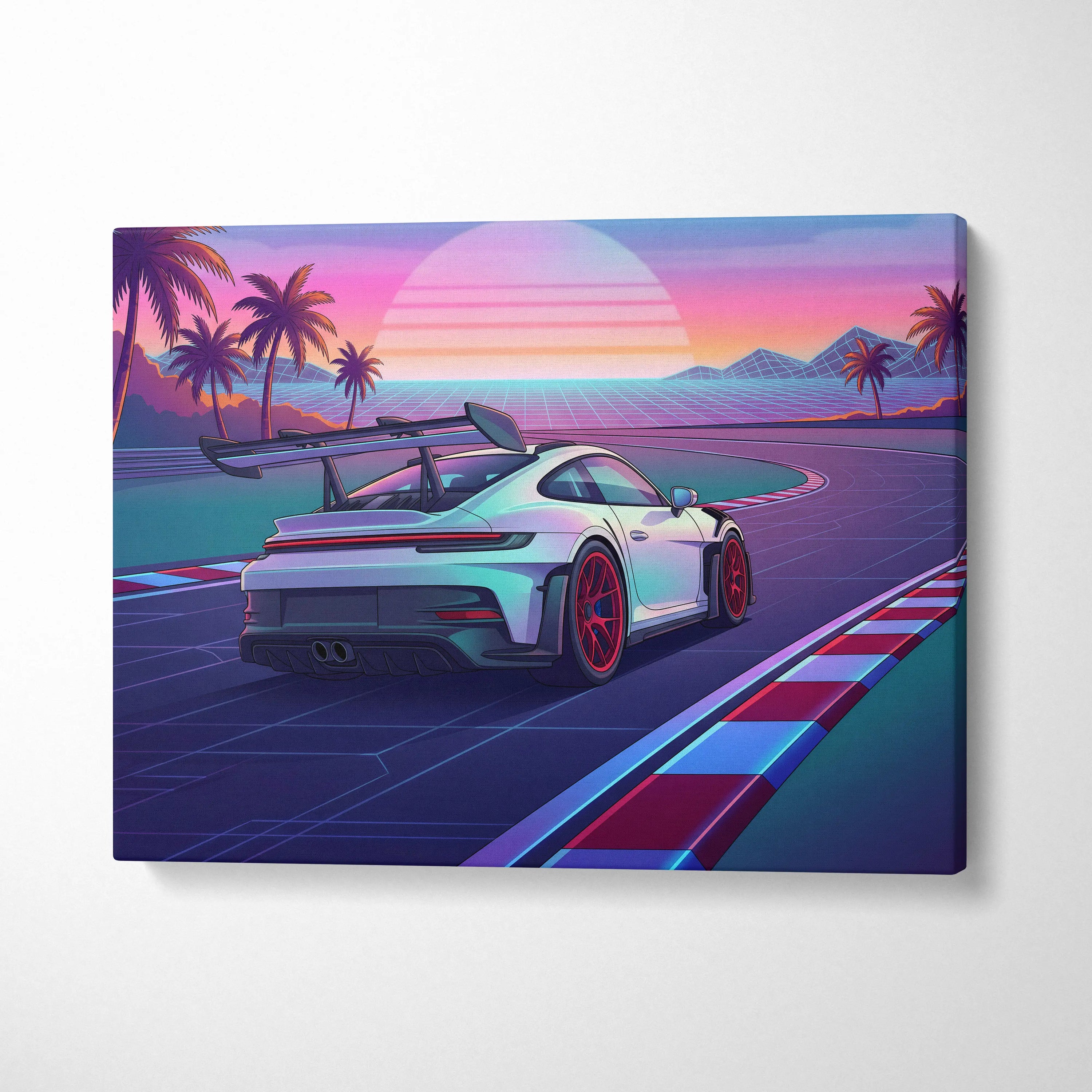 Porsche 911 GT3 RS Inspired White Pink Canvas Wall Art Vaporwave Sunset Race Track Car Artwork, Tropical Neon Garage Decor