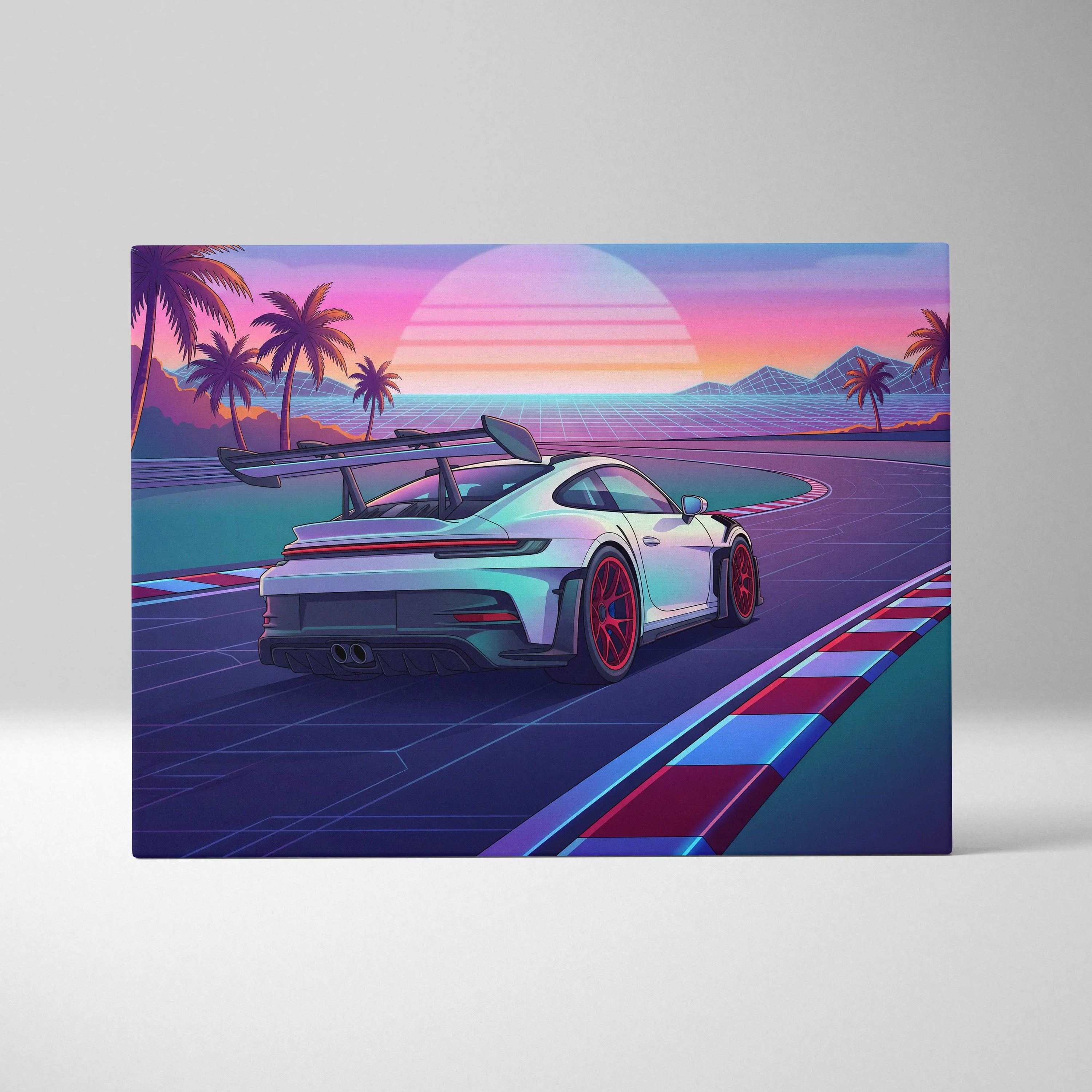 Porsche 911 GT3 RS Inspired White Pink Canvas Wall Art Vaporwave Sunset Race Track Car Artwork, Tropical Neon Garage Decor
