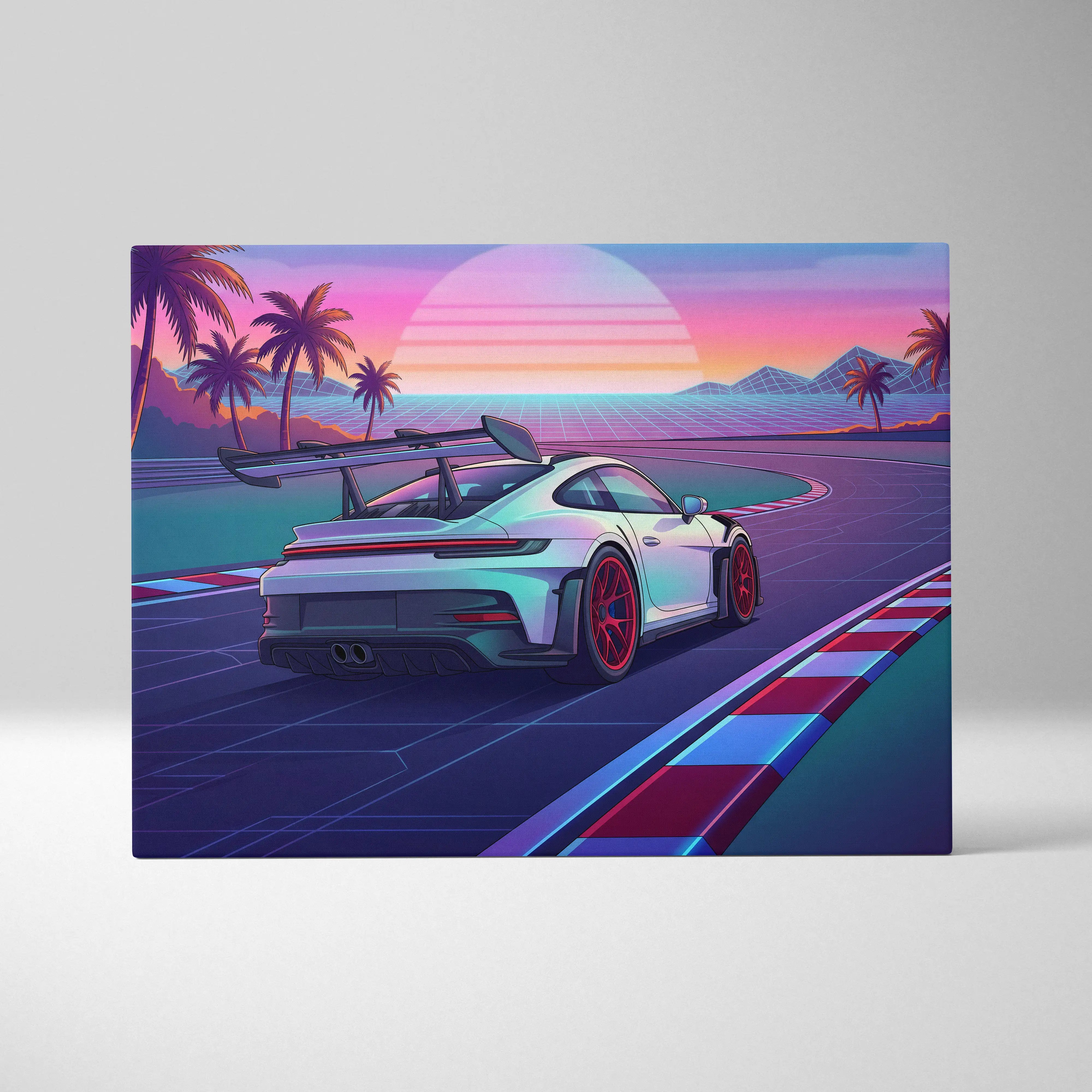 Porsche 911 GT3 RS Inspired White Pink Canvas Wall Art Vaporwave Sunset Race Track Car Artwork, Tropical Neon Garage Decor