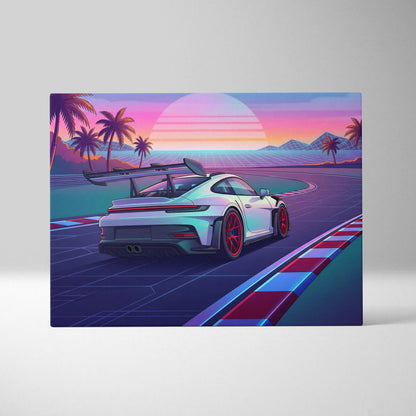 Porsche 911 GT3 RS Inspired White Pink Canvas Wall Art Vaporwave Sunset Race Track Car Artwork, Tropical Neon Garage Decor