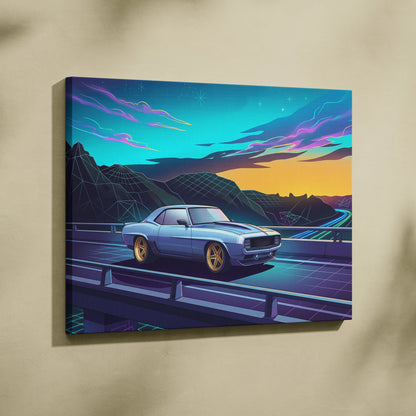 Chevrolet Camaro Inspired Blue Yellow Canvas Wall Art Vaporwave Muscle Car Artwork Neon Mountain Garage Decor Retro Futuristic Road Print