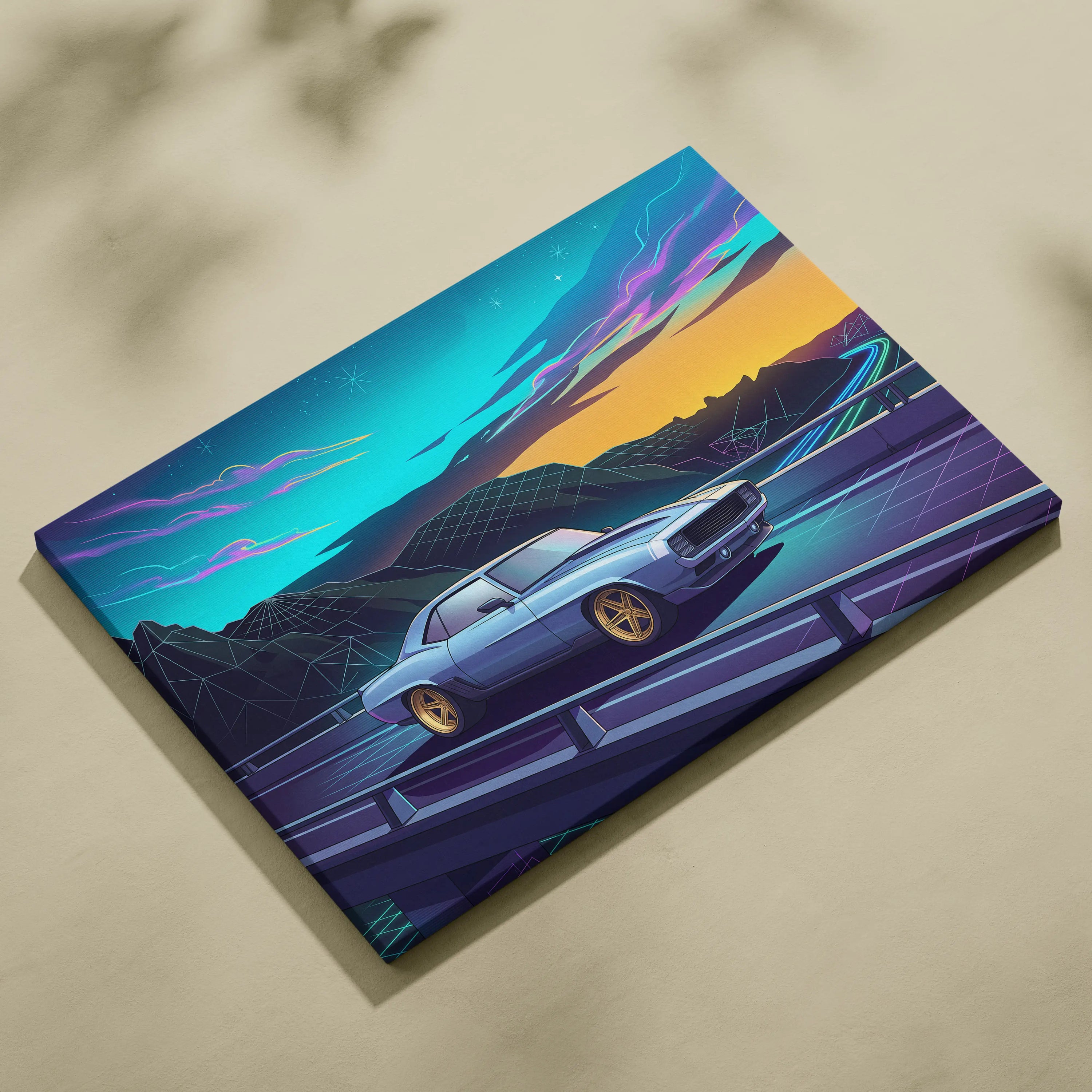 Chevrolet Camaro Inspired Blue Yellow Canvas Wall Art Vaporwave Muscle Car Artwork Neon Mountain Garage Decor Retro Futuristic Road Print
