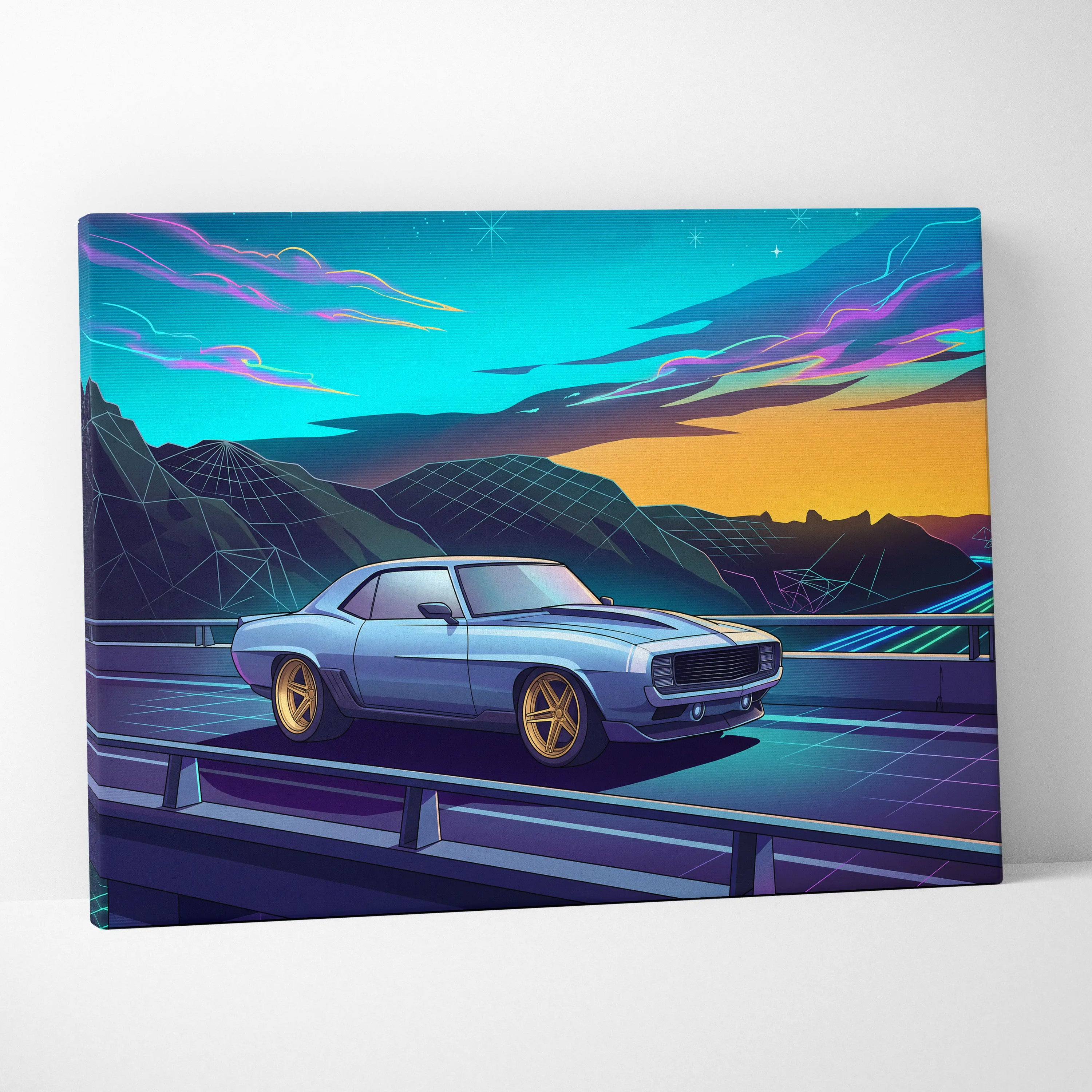 Chevrolet Camaro Inspired Blue Yellow Canvas Wall Art Vaporwave Muscle Car Artwork Neon Mountain Garage Decor Retro Futuristic Road Print