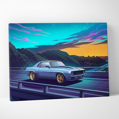 Chevrolet Camaro Inspired Blue Yellow Canvas Wall Art Vaporwave Muscle Car Artwork Neon Mountain Garage Decor Retro Futuristic Road Print