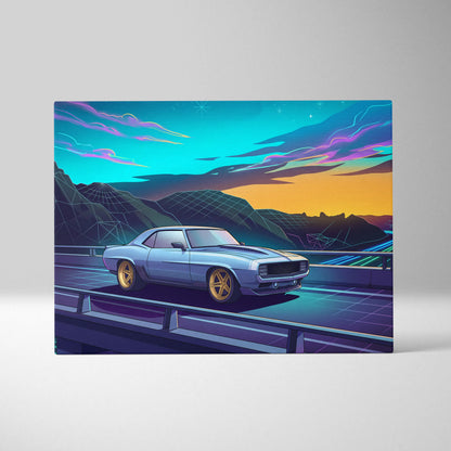 Chevrolet Camaro Inspired Blue Yellow Canvas Wall Art Vaporwave Muscle Car Artwork Neon Mountain Garage Decor Retro Futuristic Road Print