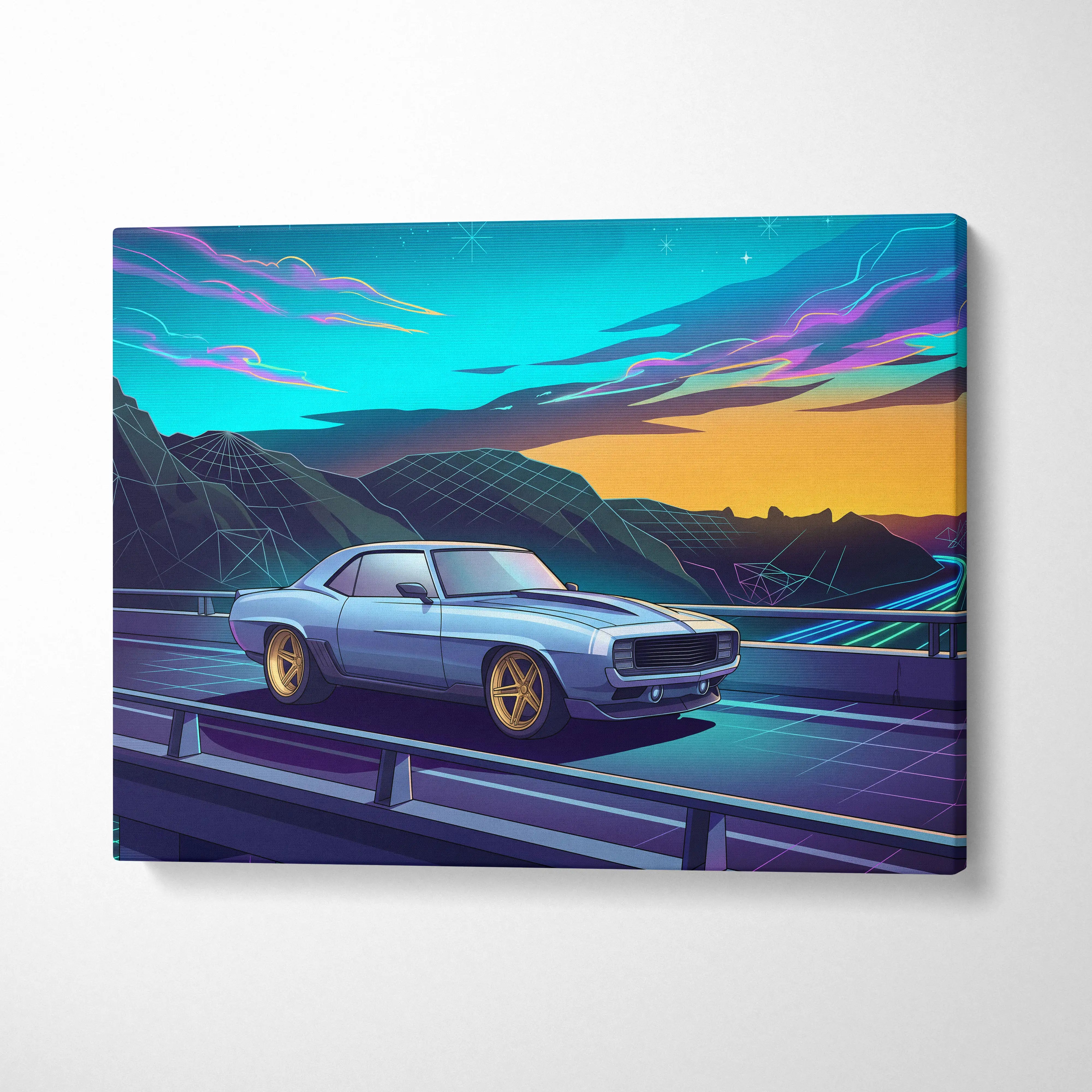 Chevrolet Camaro Inspired Blue Yellow Canvas Wall Art Vaporwave Muscle Car Artwork Neon Mountain Garage Decor Retro Futuristic Road Print