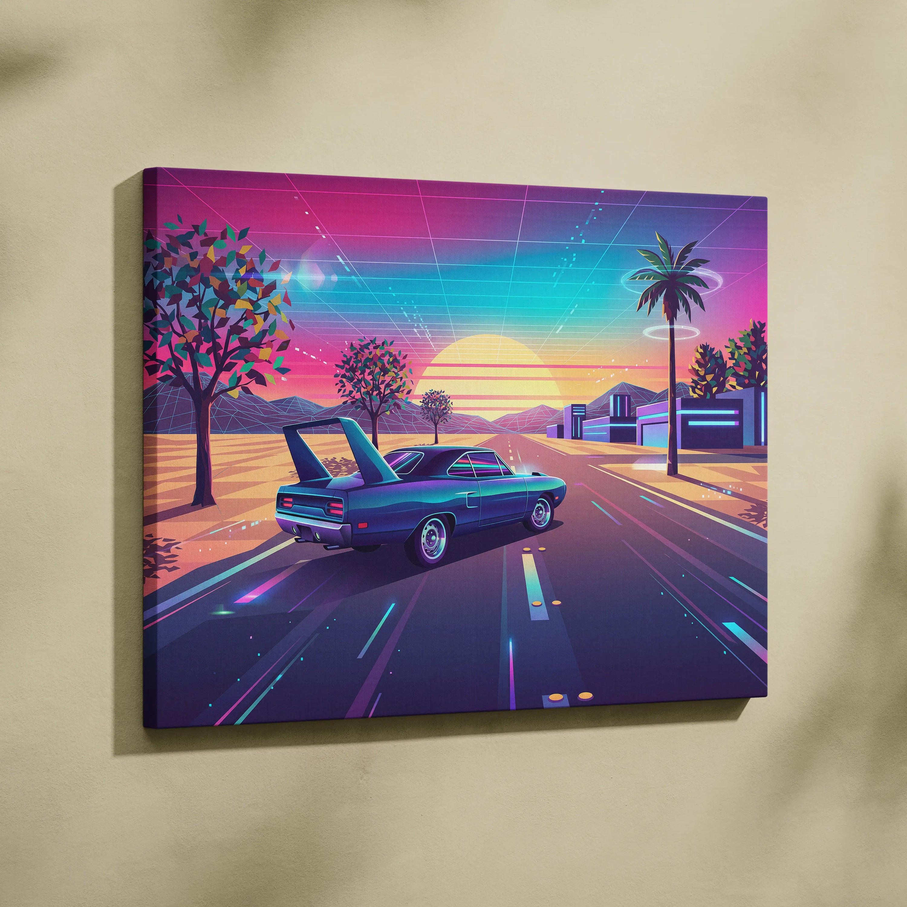 Plymouth Superbird Inspired Blue Pink Canvas Wall Art, Vaporwave Muscle Car Artwork, Neon Sunset Garage Decor, Retro Futuristic Classic Print