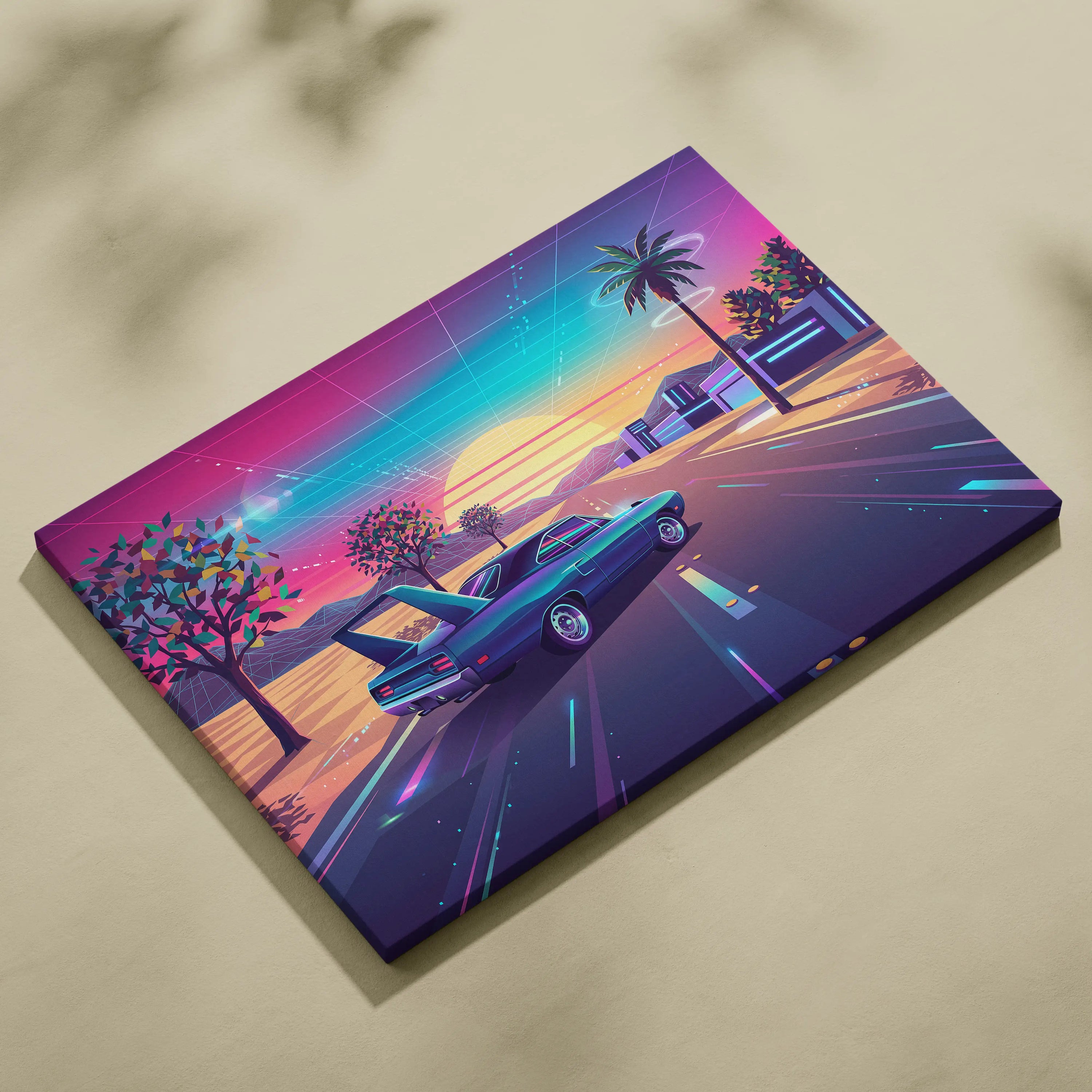 Plymouth Superbird Inspired Blue Pink Canvas Wall Art, Vaporwave Muscle Car Artwork, Neon Sunset Garage Decor, Retro Futuristic Classic Print