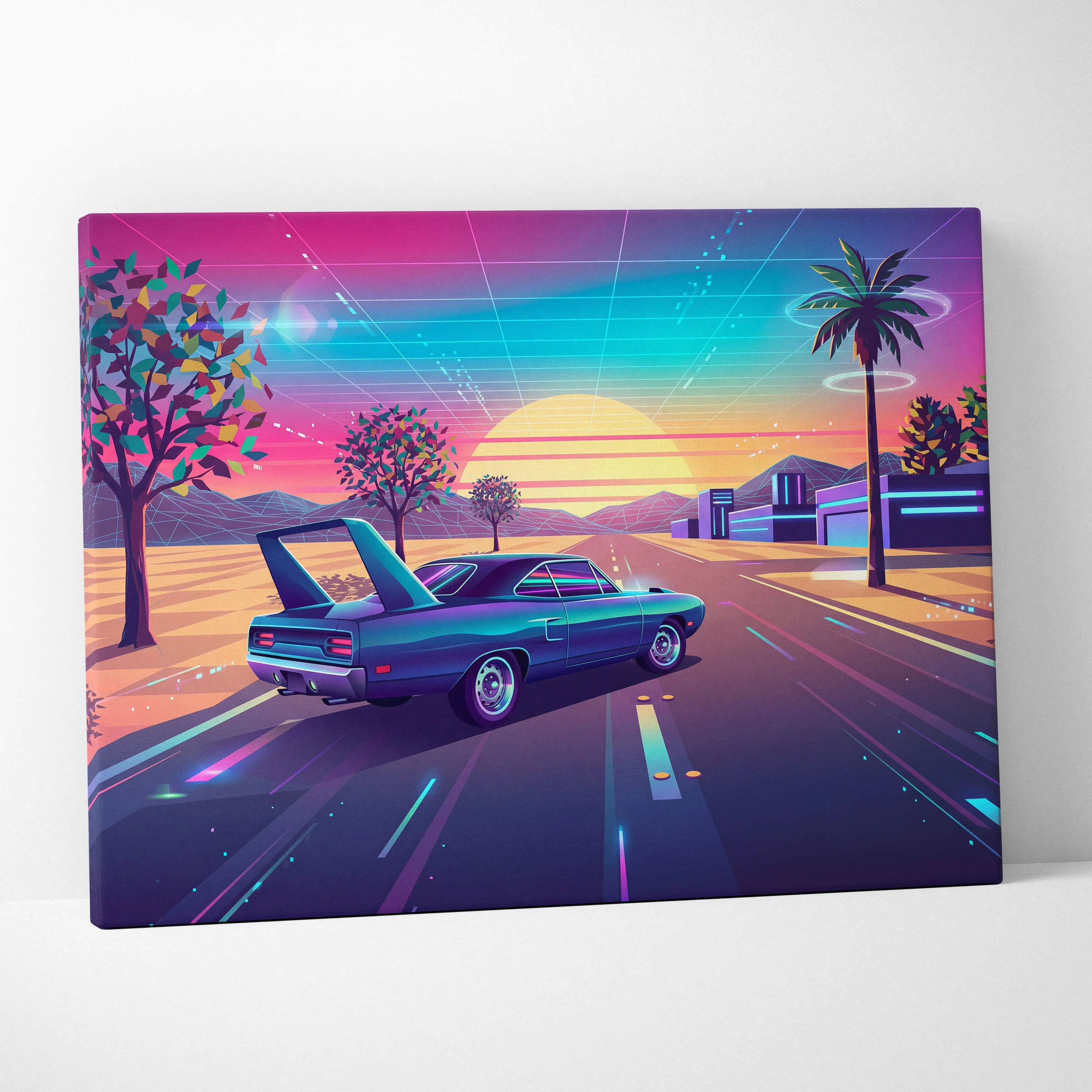 Plymouth Superbird Inspired Blue Pink Canvas Wall Art, Vaporwave Muscle Car Artwork, Neon Sunset Garage Decor, Retro Futuristic Classic Print