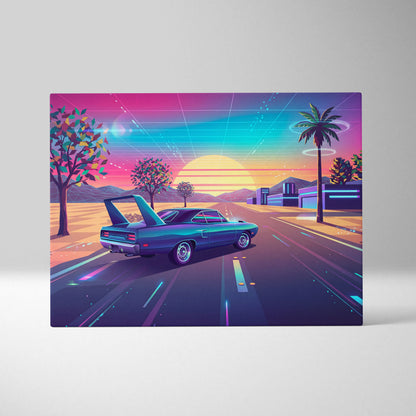 Plymouth Superbird Inspired Blue Pink Canvas Wall Art, Vaporwave Muscle Car Artwork, Neon Sunset Garage Decor, Retro Futuristic Classic Print
