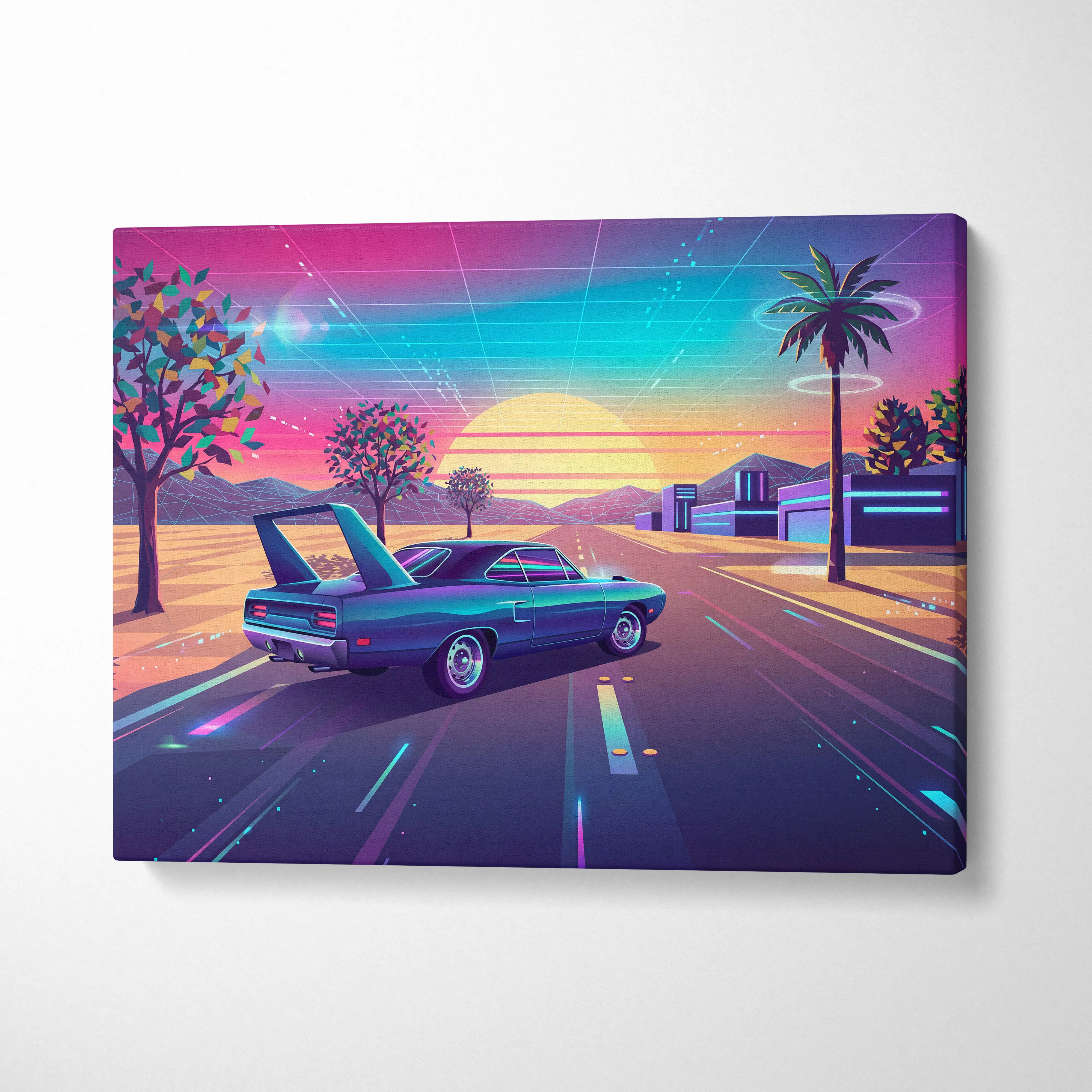 Plymouth Superbird Inspired Blue Pink Canvas Wall Art, Vaporwave Muscle Car Artwork, Neon Sunset Garage Decor, Retro Futuristic Classic Print