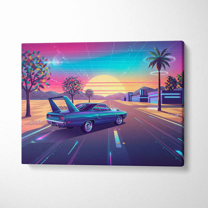 Plymouth Superbird Inspired Blue Pink Canvas Wall Art, Vaporwave Muscle Car Artwork, Neon Sunset Garage Decor, Retro Futuristic Classic Print