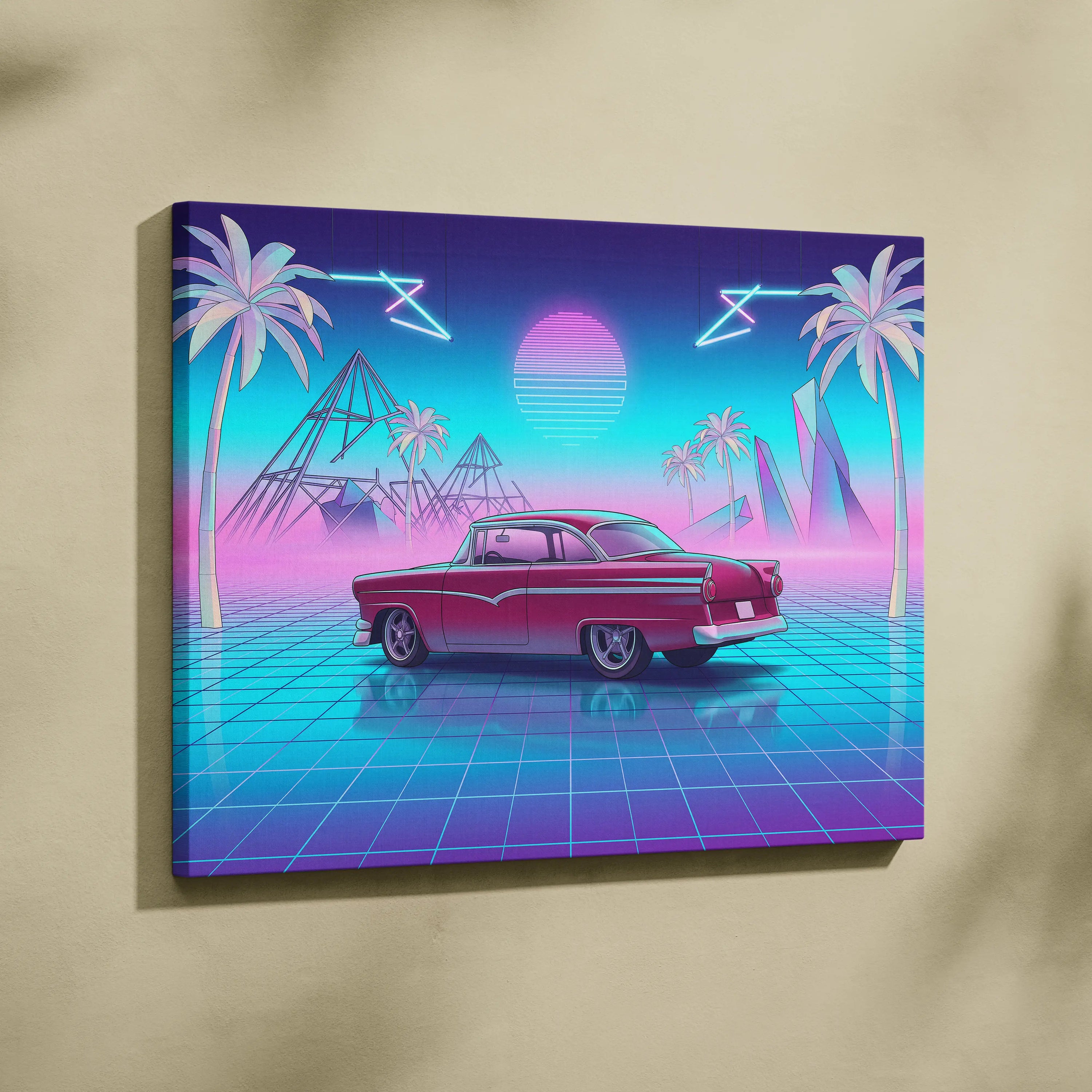 Ford Fairlane Inspired Red Teal Canvas Wall Art, Vaporwave Classic Car Artwork, Neon Palm Garage Decor, Retro Futuristic Americana Print