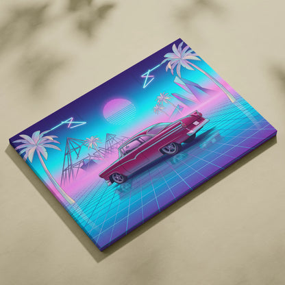 Ford Fairlane Inspired Red Teal Canvas Wall Art, Vaporwave Classic Car Artwork, Neon Palm Garage Decor, Retro Futuristic Americana Print