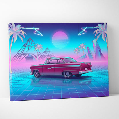 Ford Fairlane Inspired Red Teal Canvas Wall Art, Vaporwave Classic Car Artwork, Neon Palm Garage Decor, Retro Futuristic Americana Print