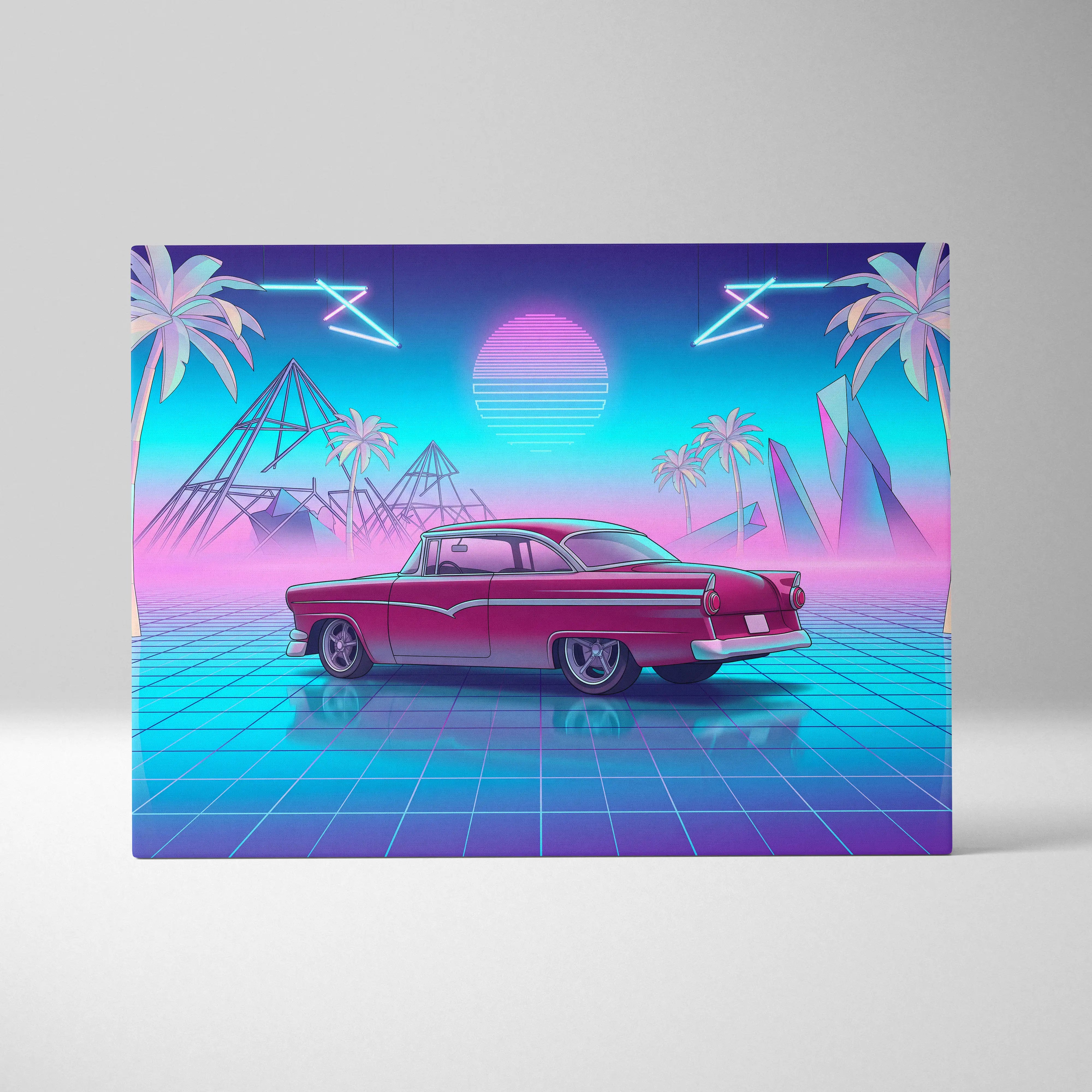 Ford fairlane inspired red teal canvas wall art featuring a vibrant red vintage car in a neon vaporwave scene