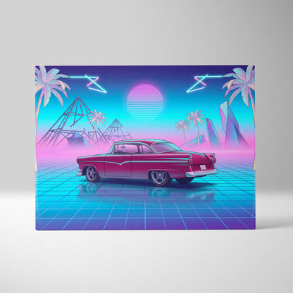 Ford Fairlane Inspired Red Teal Canvas Wall Art, Vaporwave Classic Car Artwork, Neon Palm Garage Decor, Retro Futuristic Americana Print