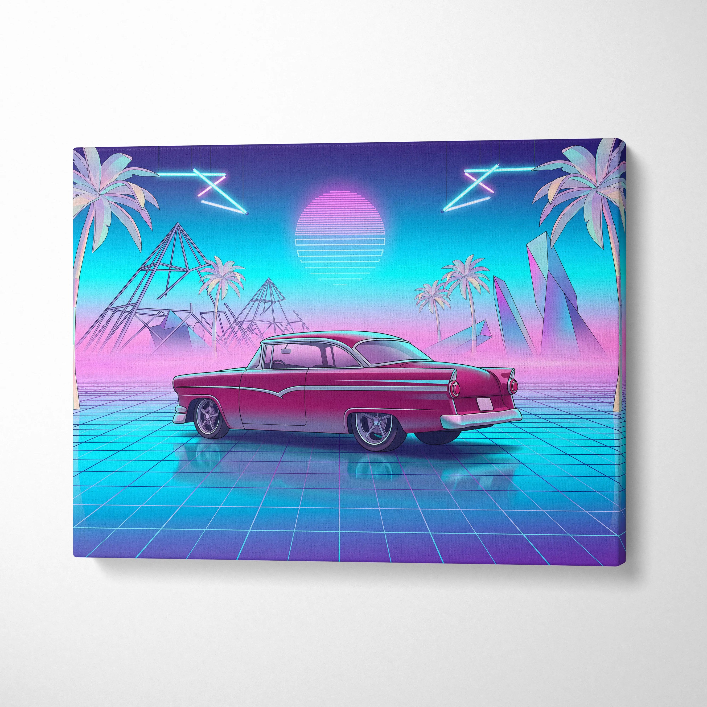 Ford Fairlane Inspired Red Teal Canvas Wall Art, Vaporwave Classic Car Artwork, Neon Palm Garage Decor, Retro Futuristic Americana Print
