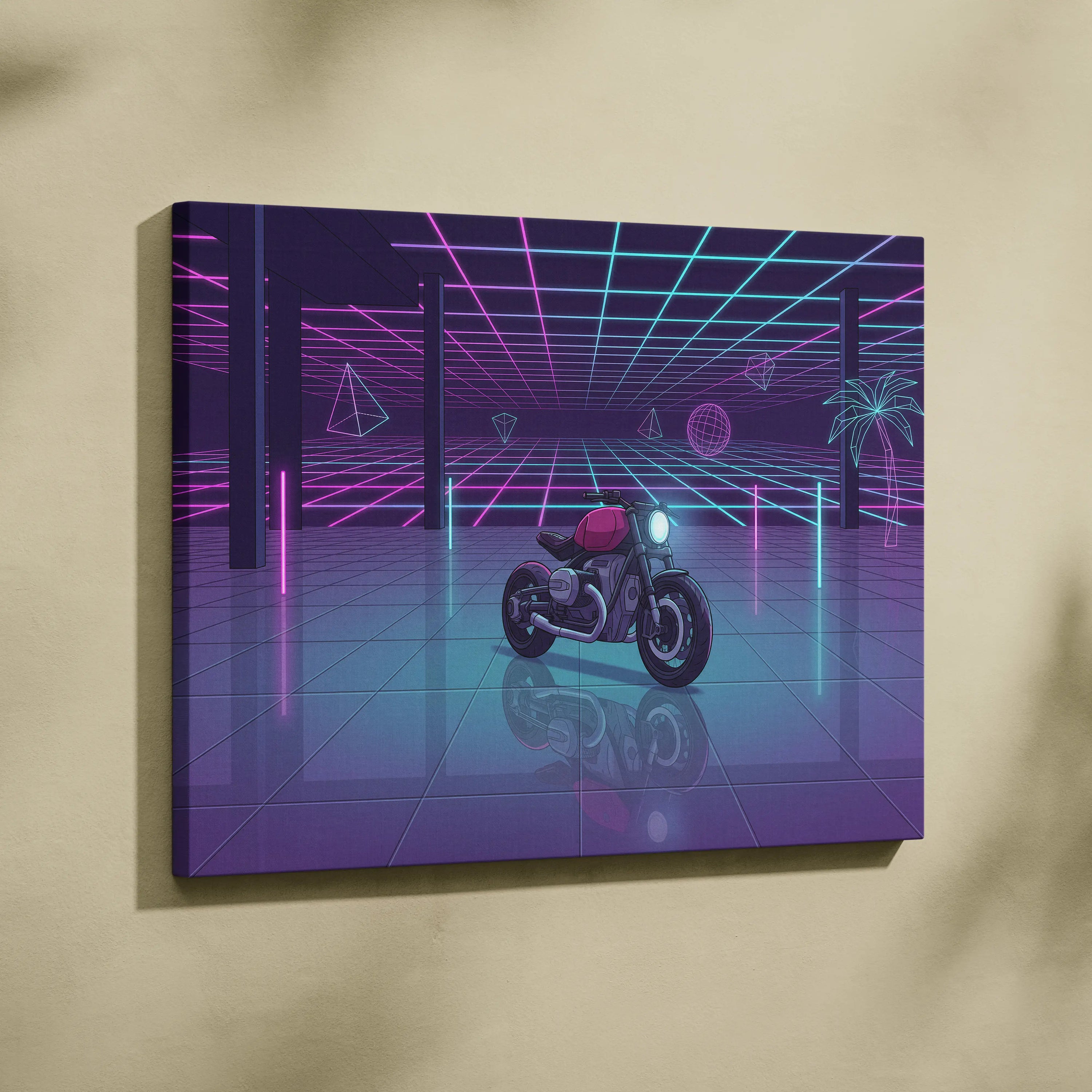 Custom BMW R NineT Inspired Purple Cyan Motorcycle Canvas Wall Art Vaporwave Neon Retro Futuristic Garage Decor Modern Café Racer Artwork