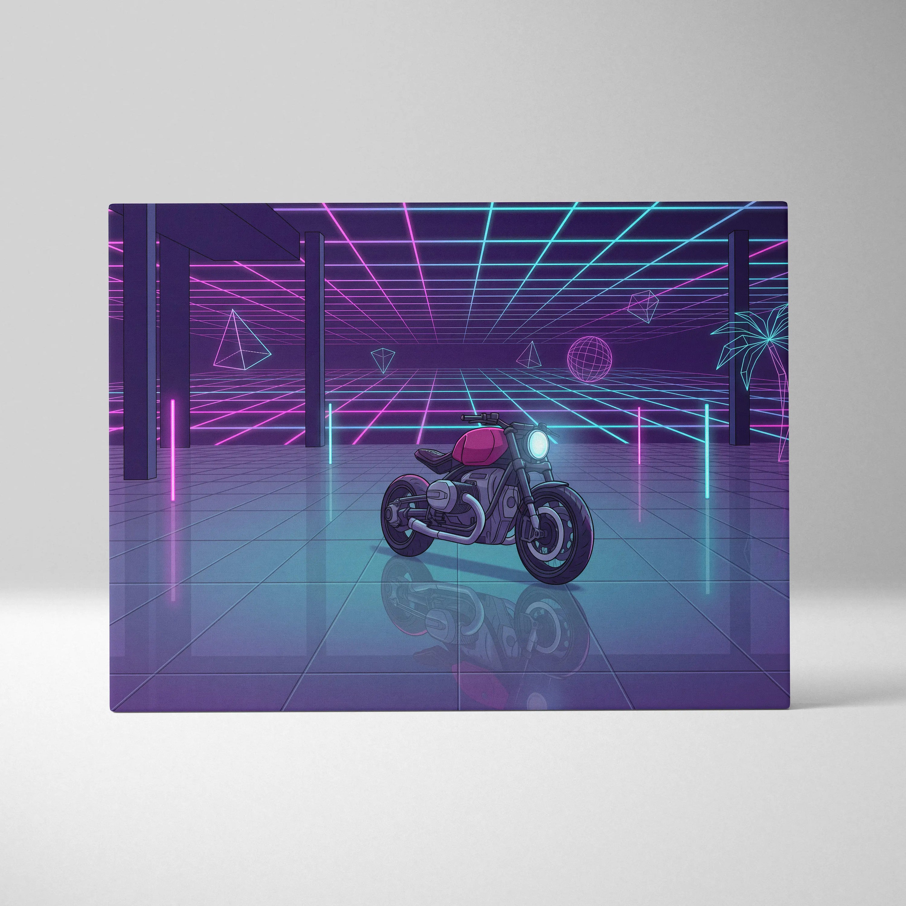 Custom BMW R NineT Inspired Purple Cyan Motorcycle Canvas Wall Art Vaporwave Neon Retro Futuristic Garage Decor Modern Café Racer Artwork
