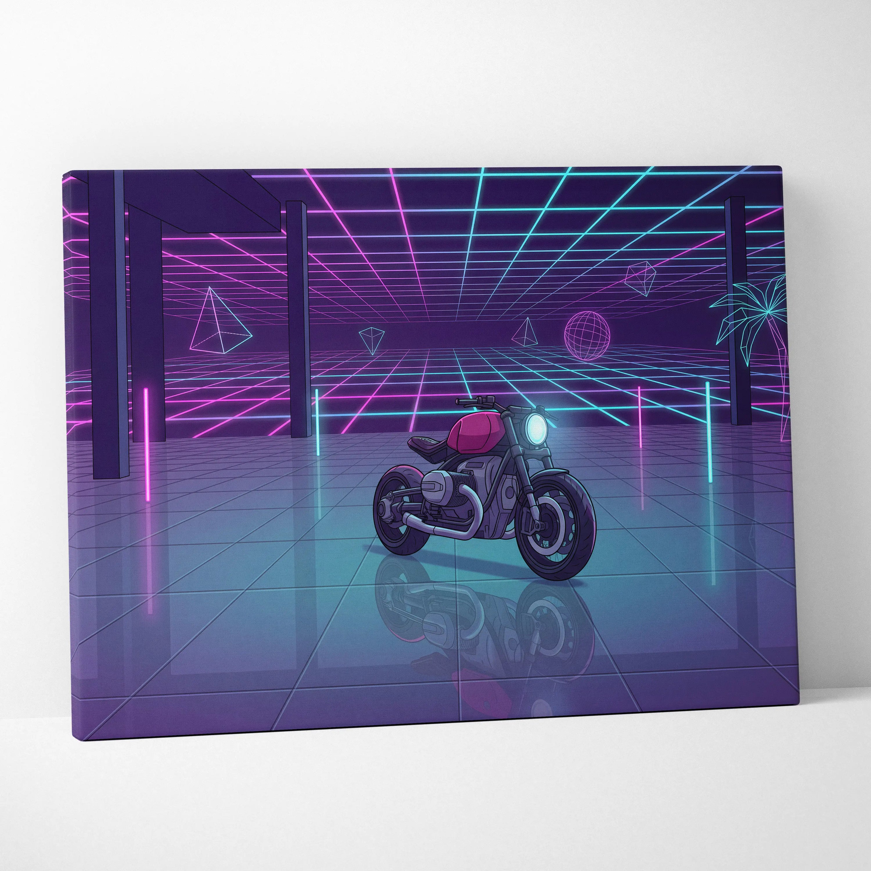 Custom BMW R NineT Inspired Purple Cyan Motorcycle Canvas Wall Art Vaporwave Neon Retro Futuristic Garage Decor Modern Café Racer Artwork