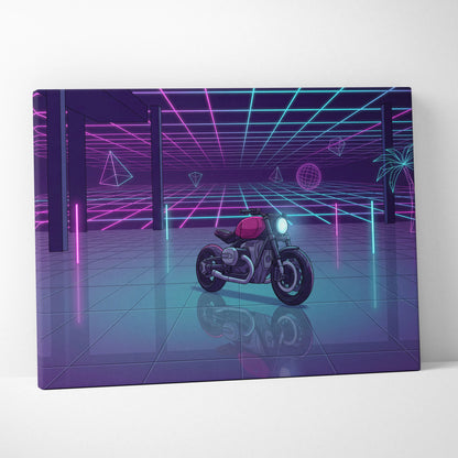 Custom BMW R NineT Inspired Purple Cyan Motorcycle Canvas Wall Art Vaporwave Neon Retro Futuristic Garage Decor Modern Café Racer Artwork