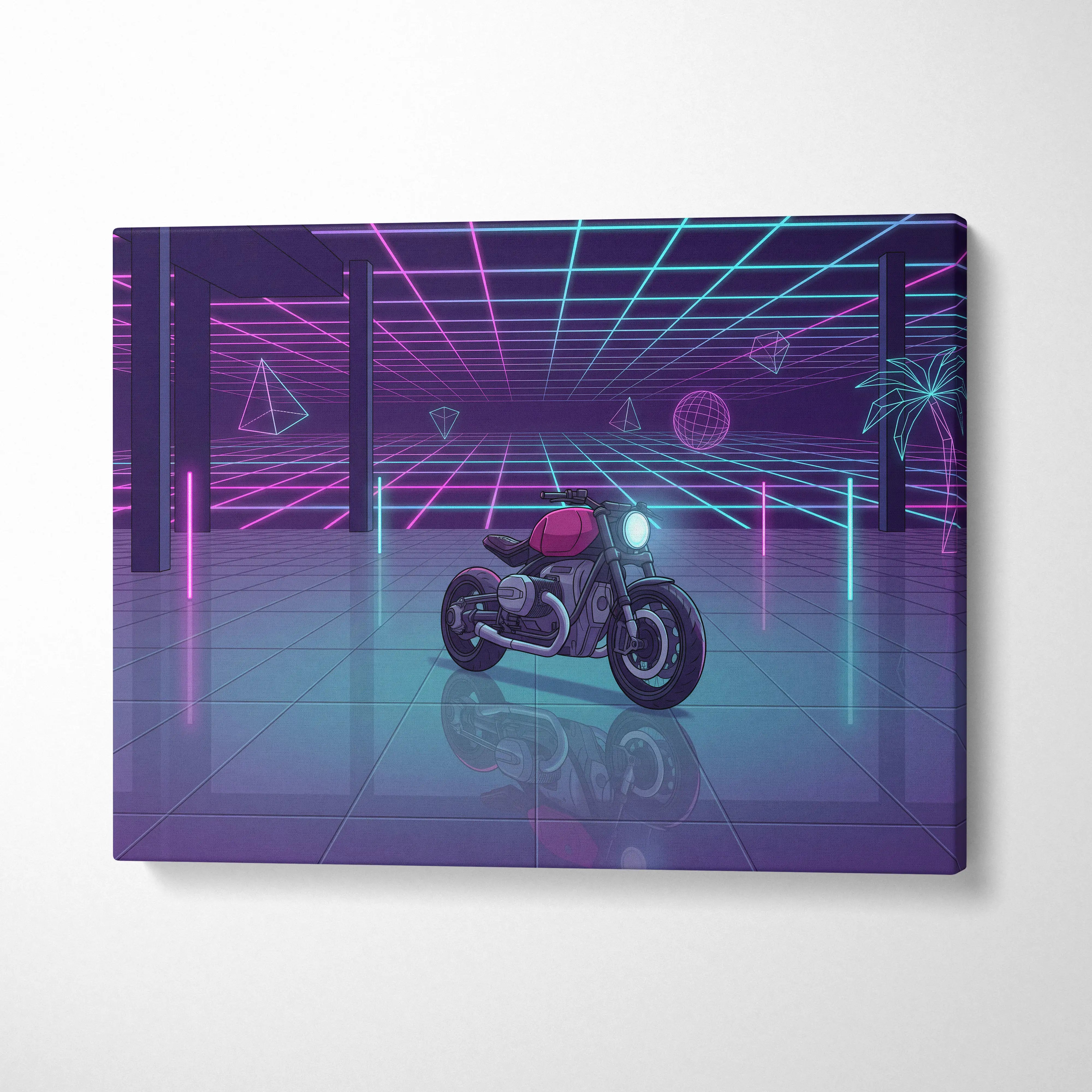 Custom BMW R NineT Inspired Purple Cyan Motorcycle Canvas Wall Art Vaporwave Neon Retro Futuristic Garage Decor Modern Café Racer Artwork
