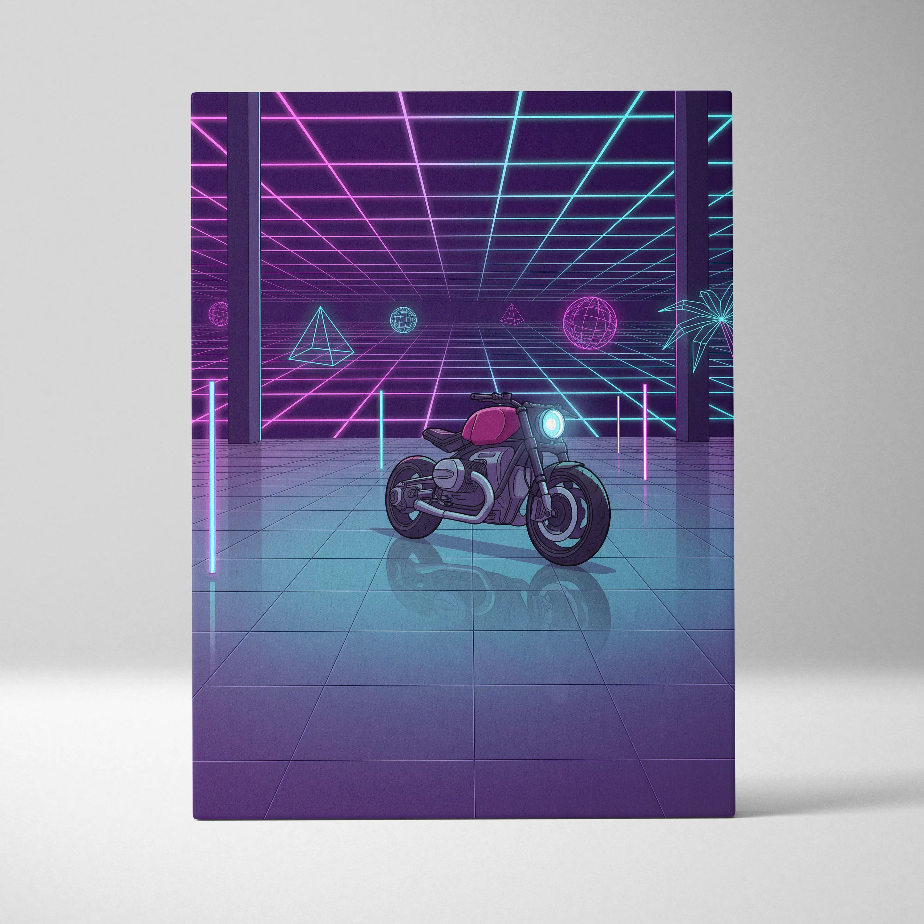 Custom BMW R NineT Inspired Purple Cyan Motorcycle Canvas Wall Art Vaporwave Neon Retro Futuristic Garage Decor Modern Café Racer Artwork