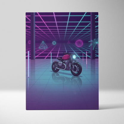 Custom BMW R NineT Inspired Purple Cyan Motorcycle Canvas Wall Art Vaporwave Neon Retro Futuristic Garage Decor Modern Café Racer Artwork