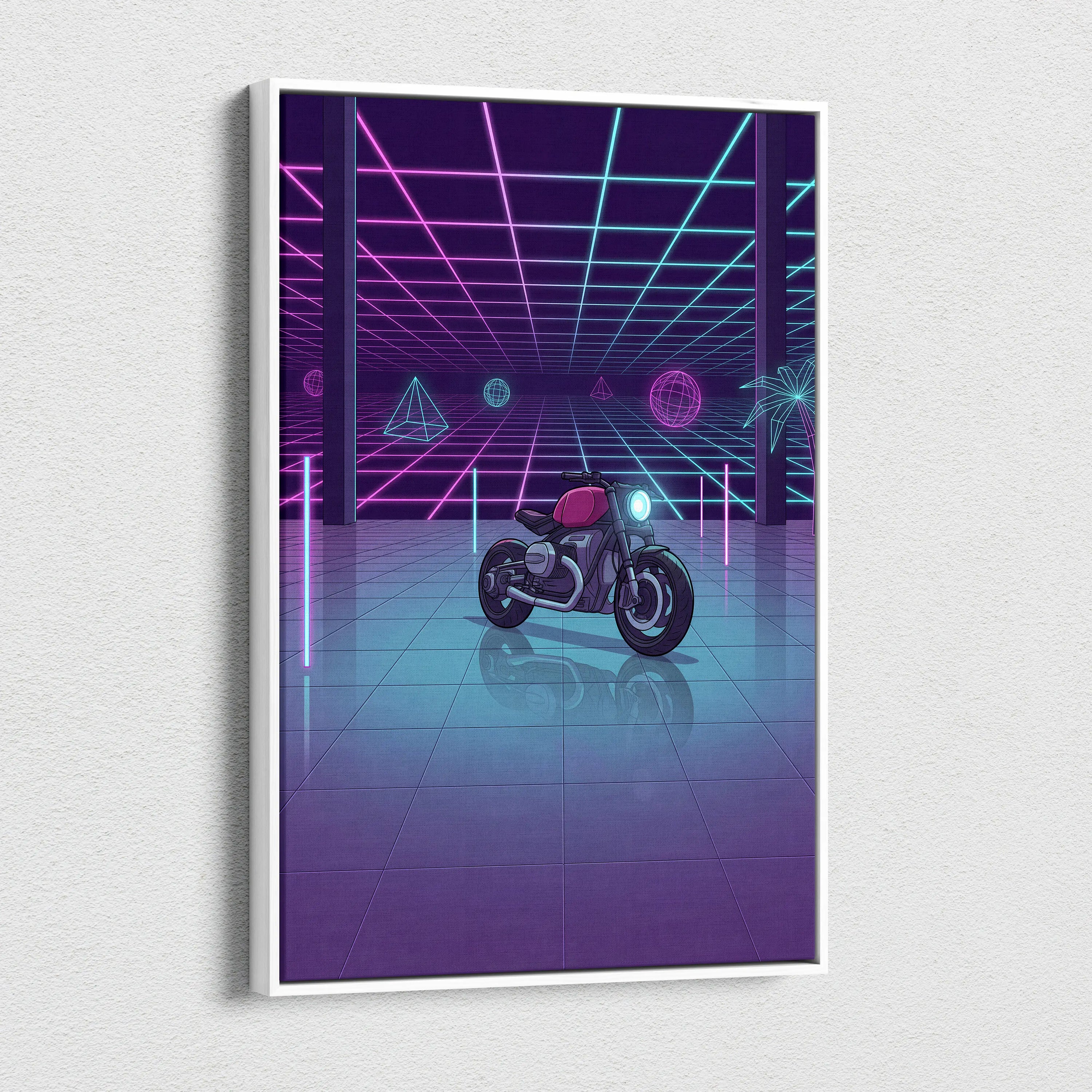 Custom BMW R NineT Inspired Purple Cyan Motorcycle Canvas Wall Art Vaporwave Neon Retro Futuristic Garage Decor Modern Café Racer Artwork