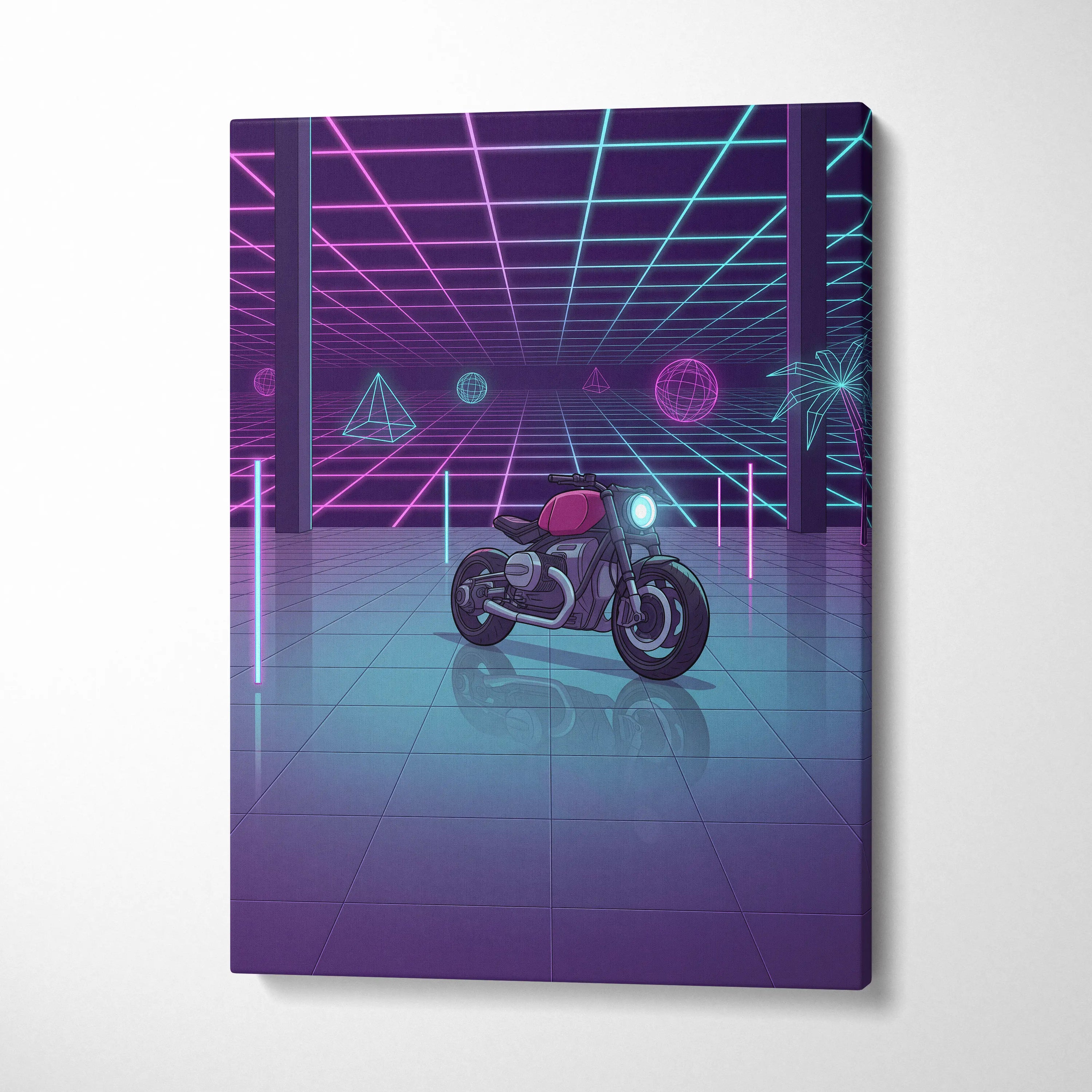 Custom BMW R NineT Inspired Purple Cyan Motorcycle Canvas Wall Art Vaporwave Neon Retro Futuristic Garage Decor Modern Café Racer Artwork