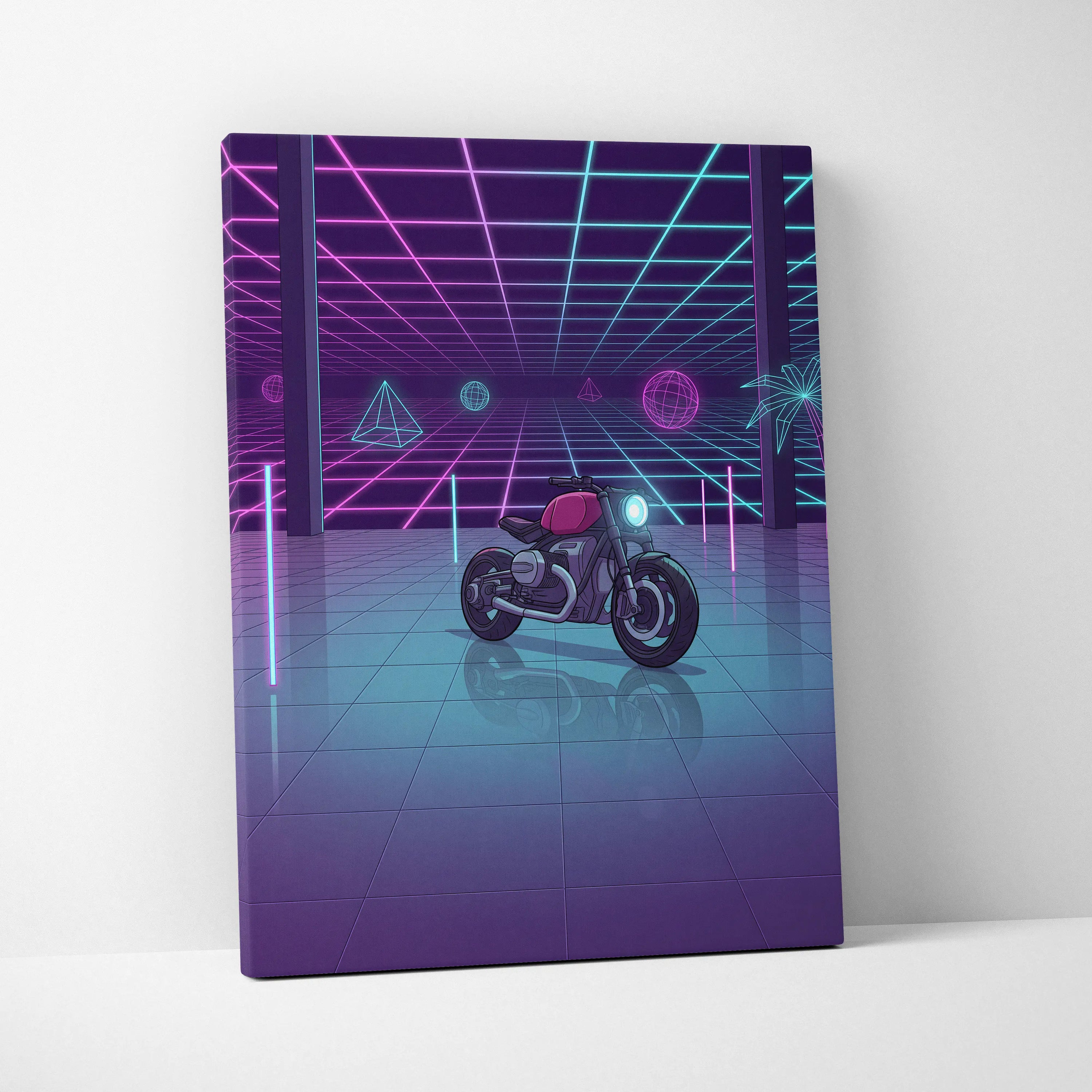 Custom BMW R NineT Inspired Purple Cyan Motorcycle Canvas Wall Art Vaporwave Neon Retro Futuristic Garage Decor Modern Café Racer Artwork