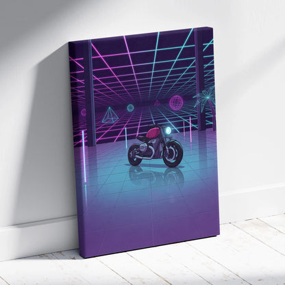 Custom BMW R NineT Inspired Purple Cyan Motorcycle Canvas Wall Art Vaporwave Neon Retro Futuristic Garage Decor Modern Café Racer Artwork