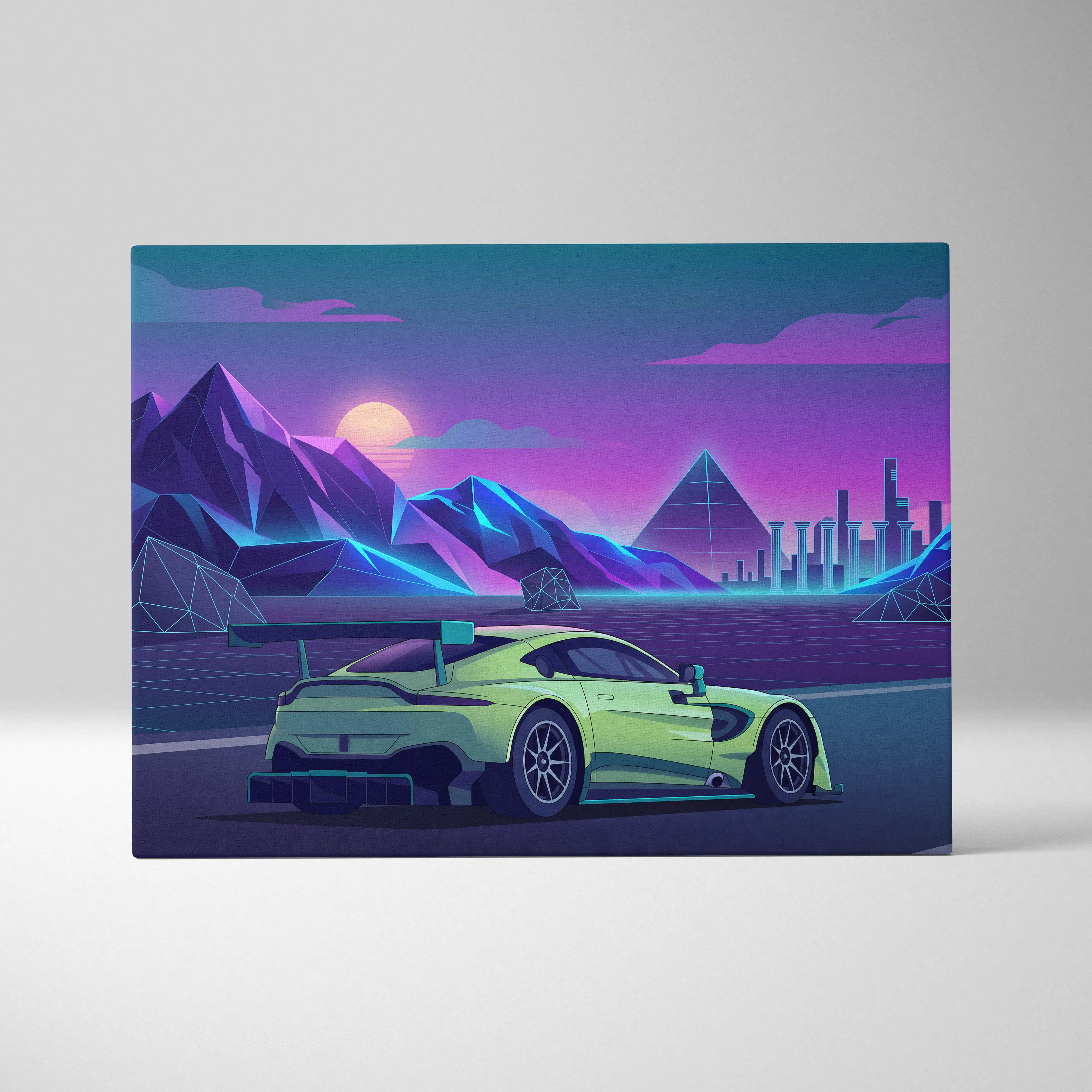 Aston Martin Vantage GT3 Inspired Green Purple Canvas Wall Art Vaporwave Race Car Artwork Neon Motorsport Garage Decor Futuristic City Track Print