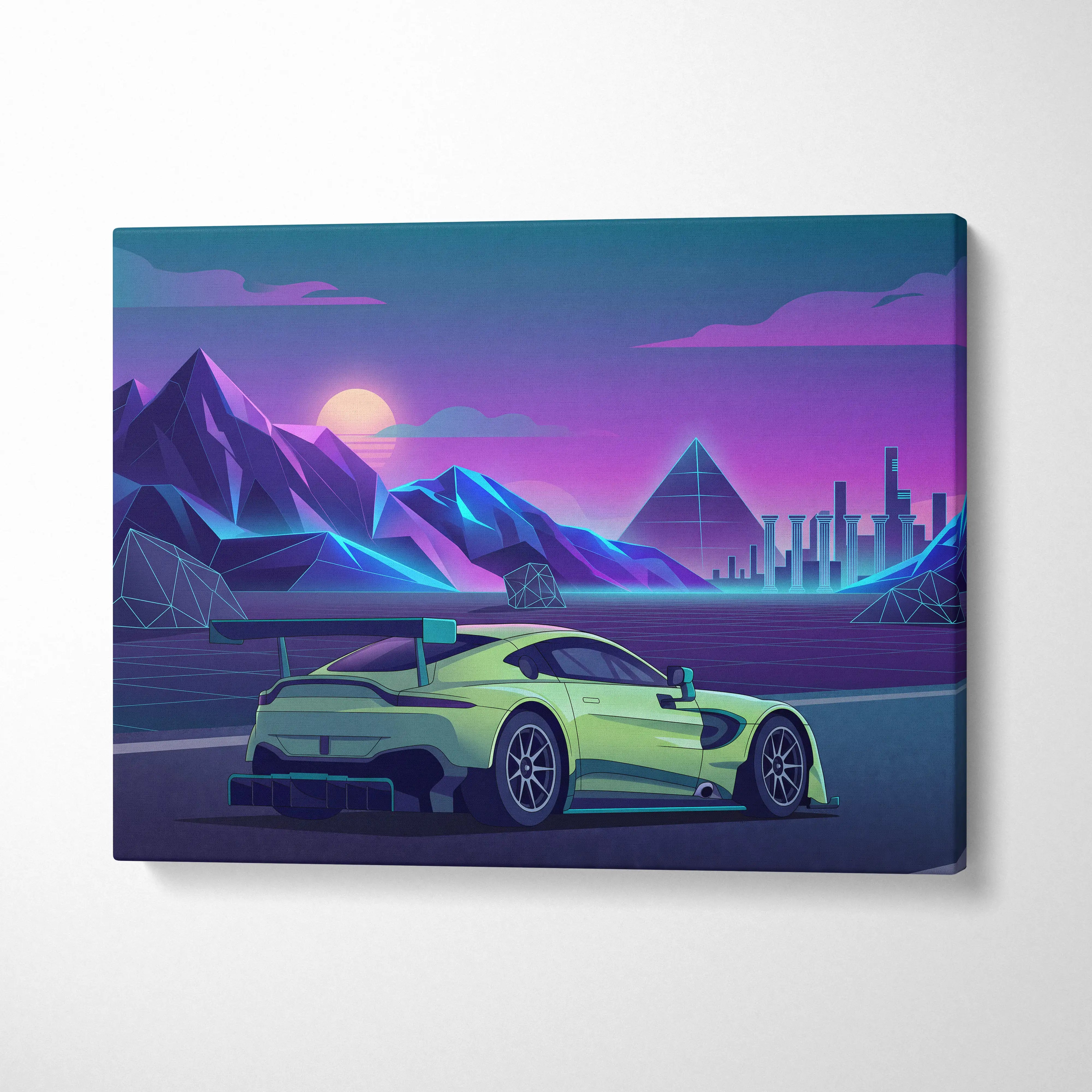 Aston Martin Vantage GT3 Inspired Green Purple Canvas Wall Art Vaporwave Race Car Artwork Neon Motorsport Garage Decor Futuristic City Track Print
