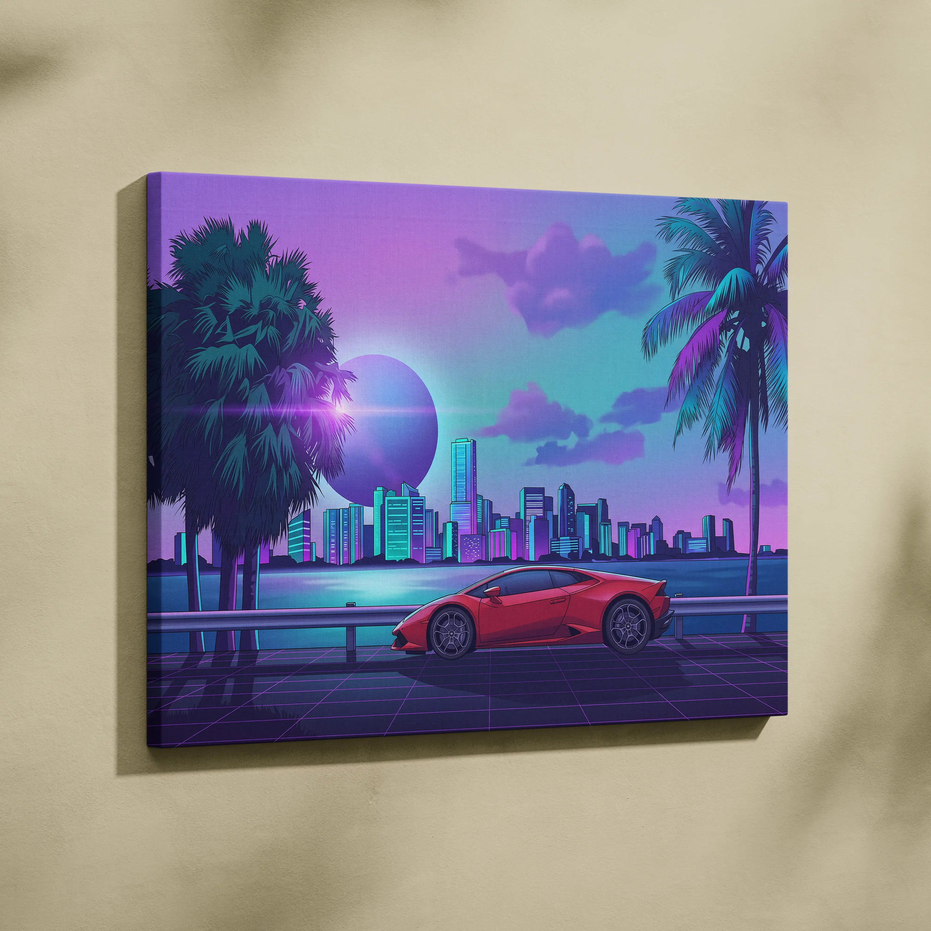 Lamborghini Huracan Inspired Red Purple Canvas Wall Art, Tropical Vaporwave Supercar Artwork for Modern City Garage Decor