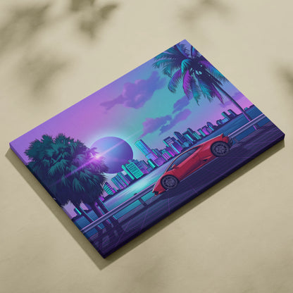 Lamborghini Huracan Inspired Red Purple Canvas Wall Art, Tropical Vaporwave Supercar Artwork for Modern City Garage Decor