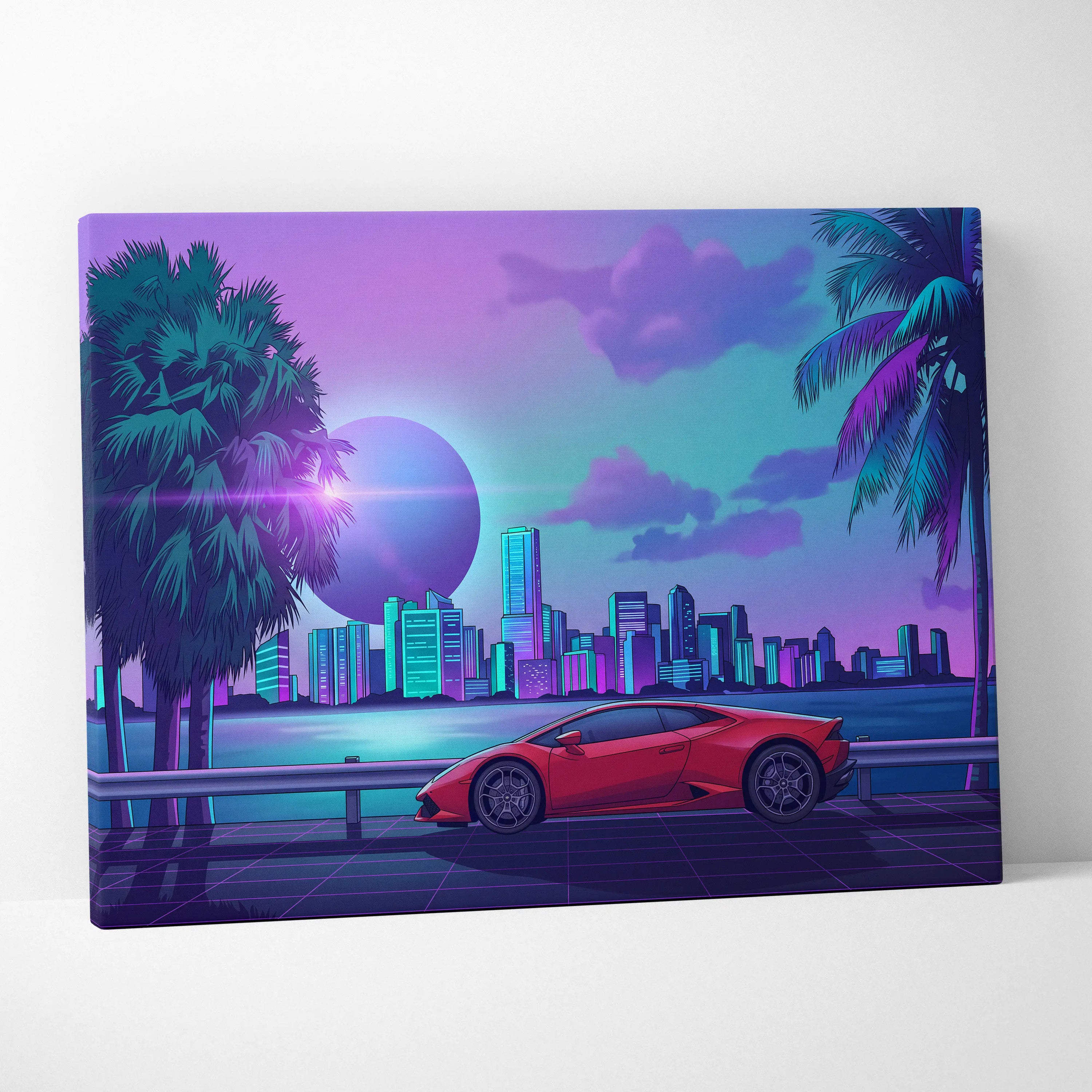 Lamborghini Huracan Inspired Red Purple Canvas Wall Art, Tropical Vaporwave Supercar Artwork for Modern City Garage Decor