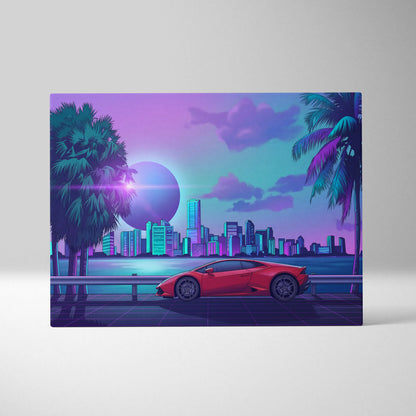 Lamborghini Huracan Inspired Red Purple Canvas Wall Art, Tropical Vaporwave Supercar Artwork for Modern City Garage Decor