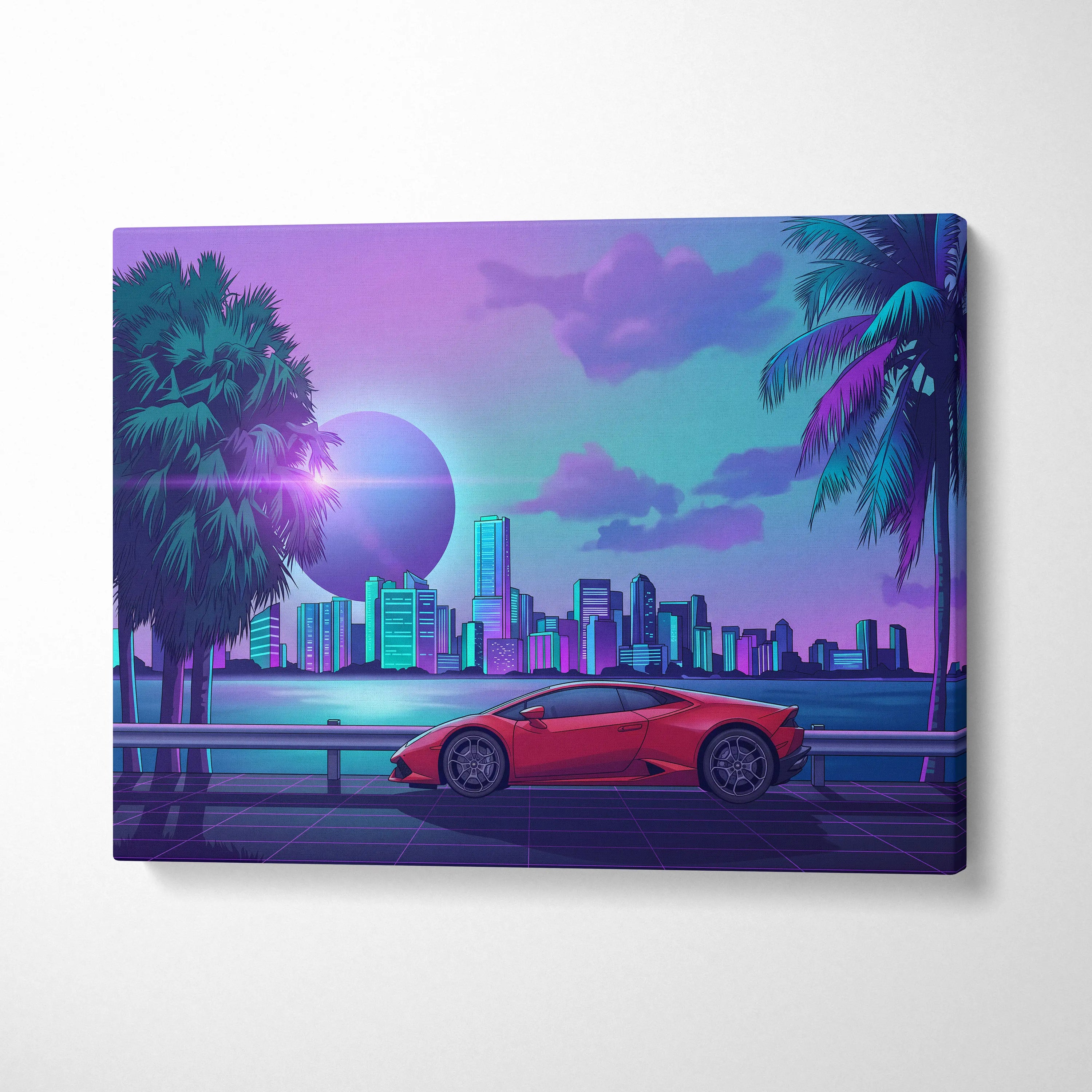 Lamborghini Huracan Inspired Red Purple Canvas Wall Art, Tropical Vaporwave Supercar Artwork for Modern City Garage Decor