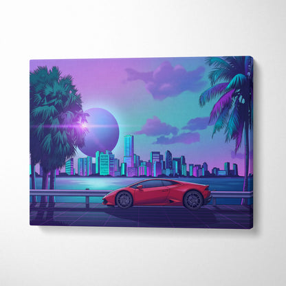 Lamborghini Huracan Inspired Red Purple Canvas Wall Art, Tropical Vaporwave Supercar Artwork for Modern City Garage Decor