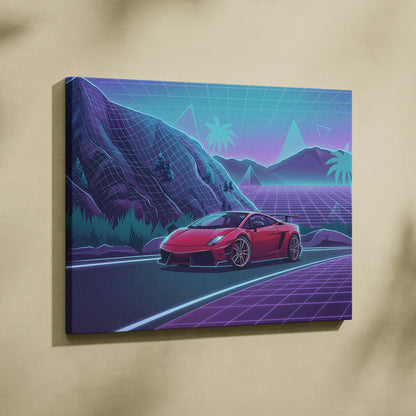 Lamborghini Gallardo Inspired Red Purple Canvas Wall Art, Neon Vaporwave Supercar Artwork for Mountain Road Garage Decor